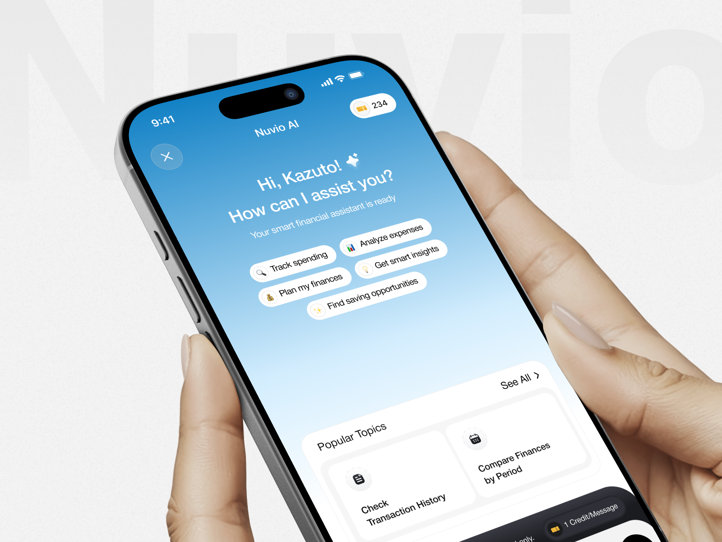 Nuvio - AI Personal Financial Assistant ai assistant ai finance ai voice app design artificial intellegent budget tracker chat app ui chatbot ui clean ui finance app fintech interactive design mobile app modern app ui personal budgeting personal finance product design ui design ux design voice assistant ui