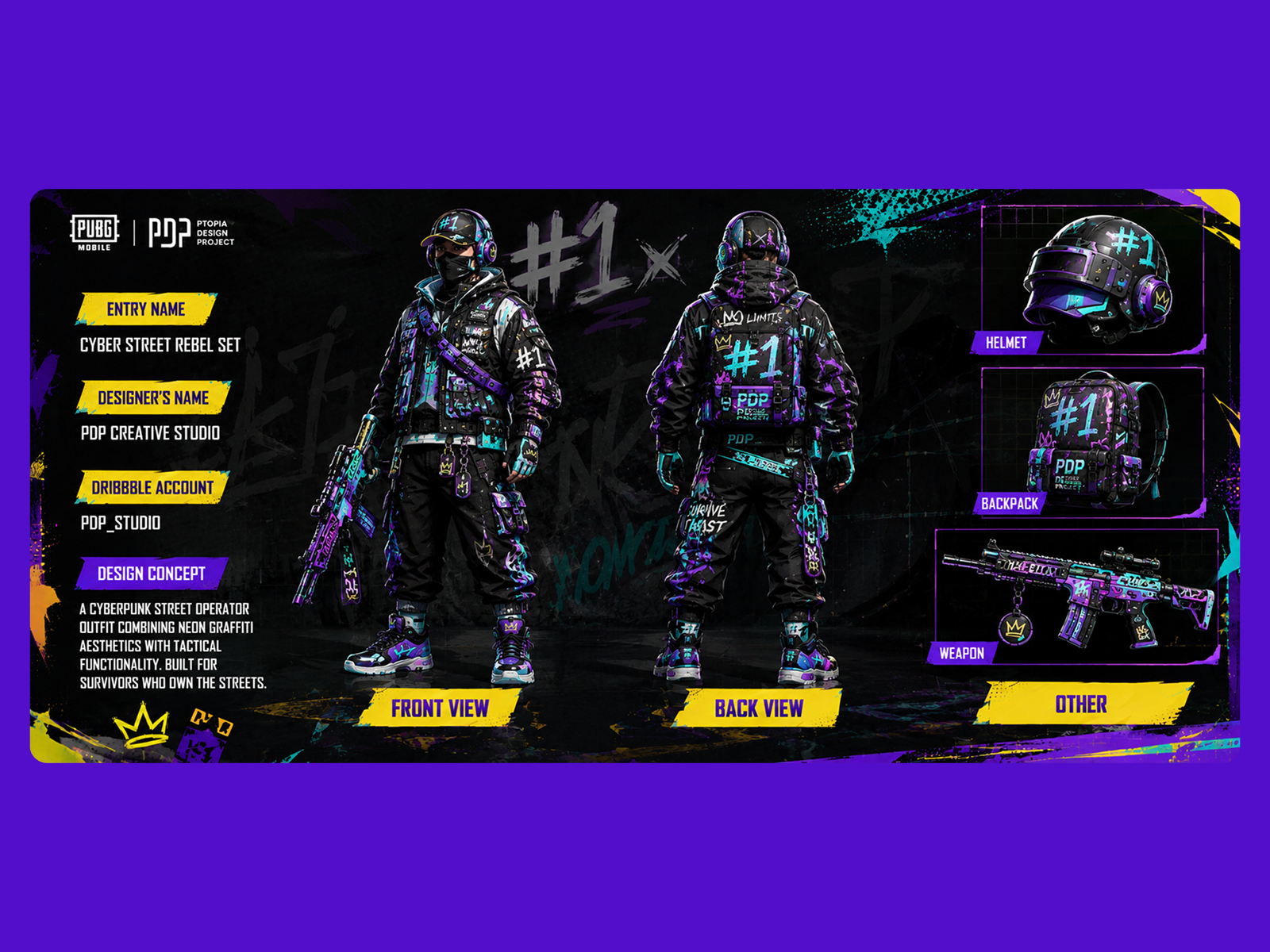 PUBG MOBILE Trendsetter Contest — Neon Rebel Outfit Concept backpack design battle royale character design concept art digital fashion esports game art game cosmetics gaming outfit helmet design pubg mobile skin design streetwear tactical fashion weapon skin