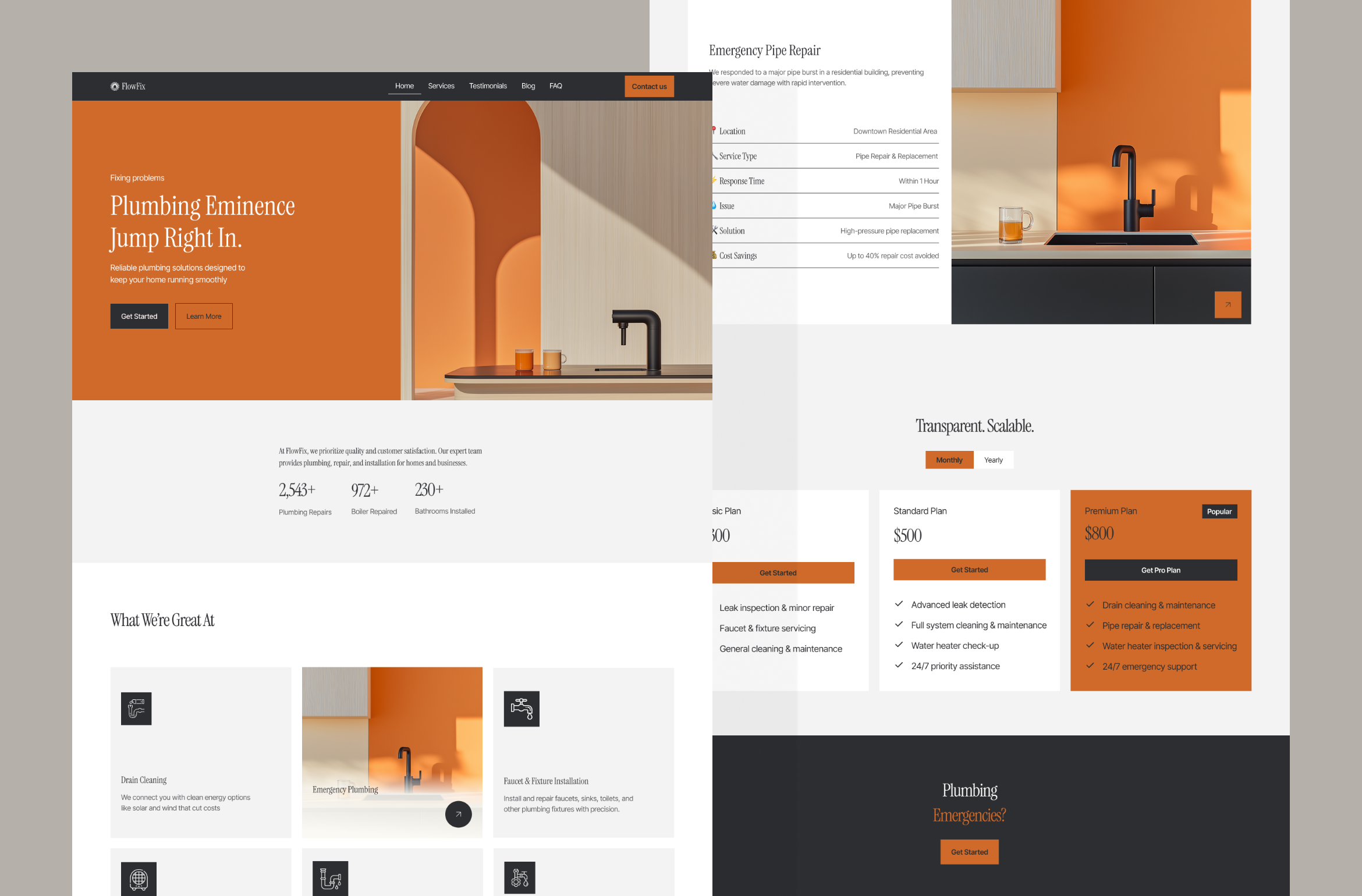 FlowFix: Premium UI/UX Design for Plumbing Services clean typography figma design flowfix home services landing page landingpage ui maintenance app minimalist ui modern web ui plumbing website pricing table service website terracotta orange ui design ux design web design