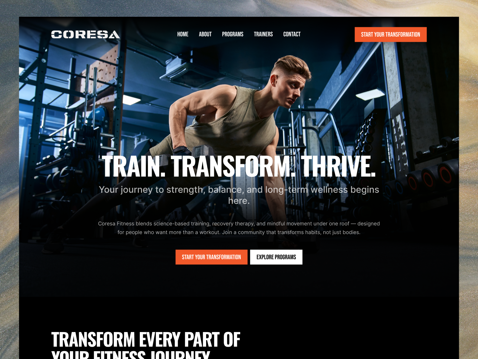 Coresa — Fitness Landing Page Design conversion design creative website dark ui editorial design figma design fitness app design fitness branding fitness landing page fitness ui fitness website gym ui gym website hero section landing page design modern web design sports website ui design ux design web design wellness website