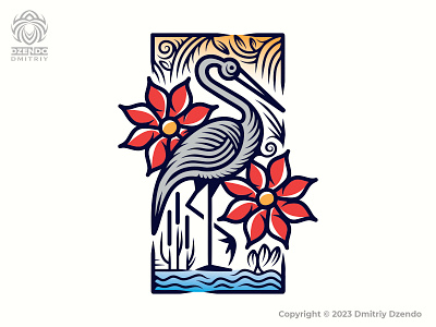 Stork And Flowers Logo animal beautiful bird branding crane design flowers logo logotype pond sky stork