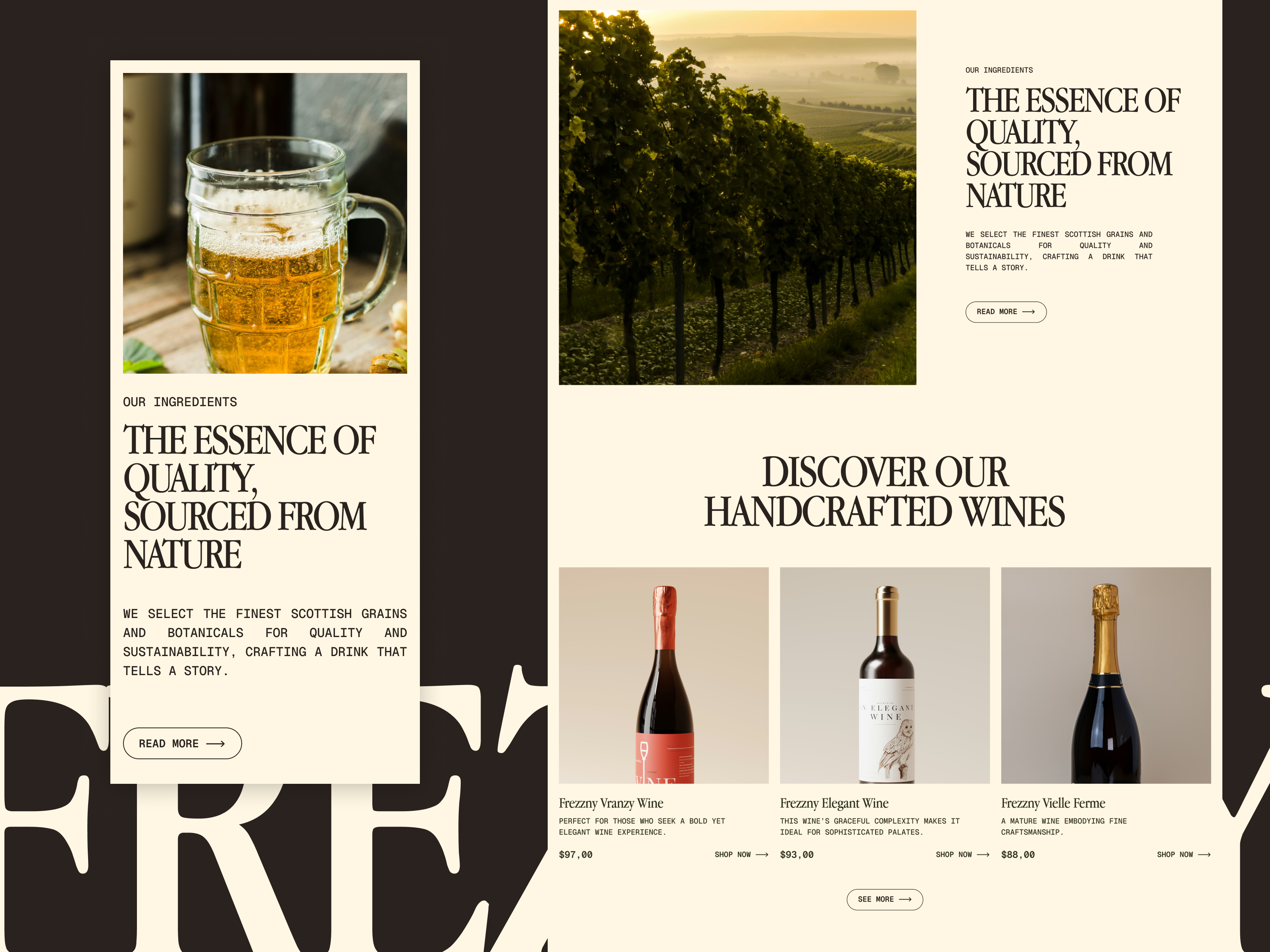Frezzny — Luxury Drink Website 10am space artisan beverage bottle craftsmanship editorial elegant harvest landing page luxury natural premium refined sophisticated tasting vineyard vintage website wine winery