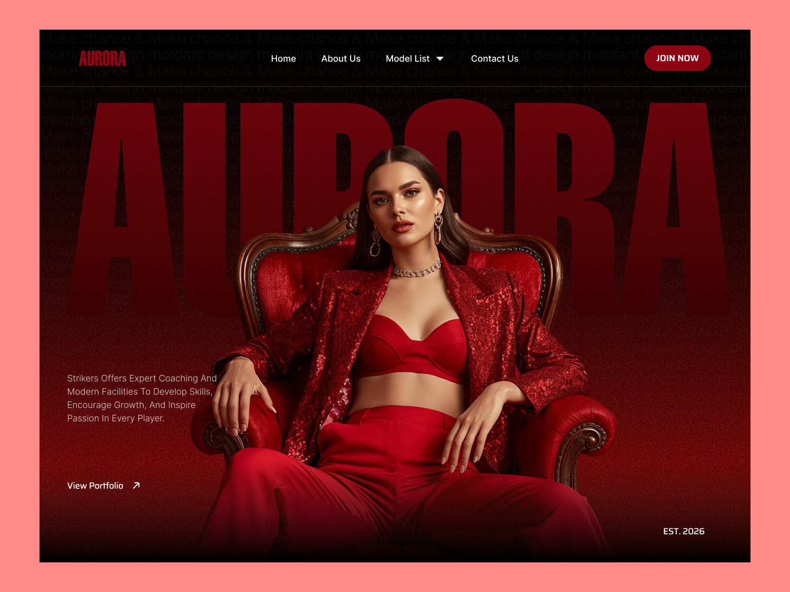 Aurora — Fashion Agency Website Design agency design bold typography creative agency dark mode fashion agency figma design hero section high fashion landing page luxury brand minimal design modeling agency modern ui talent agency ui design web design website