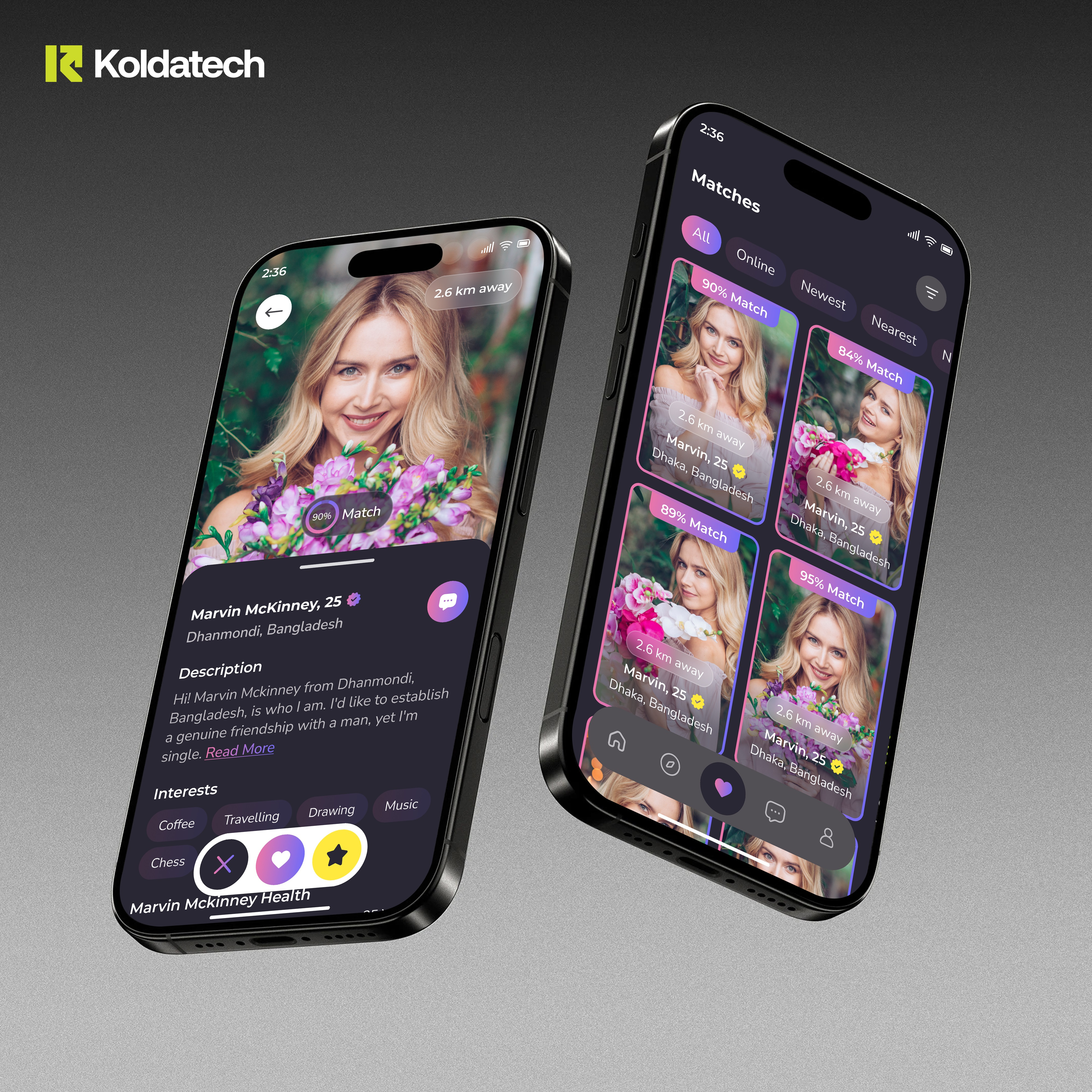Example of TrueLove – Modern Dating App UI/UX Design (Dark Mode)