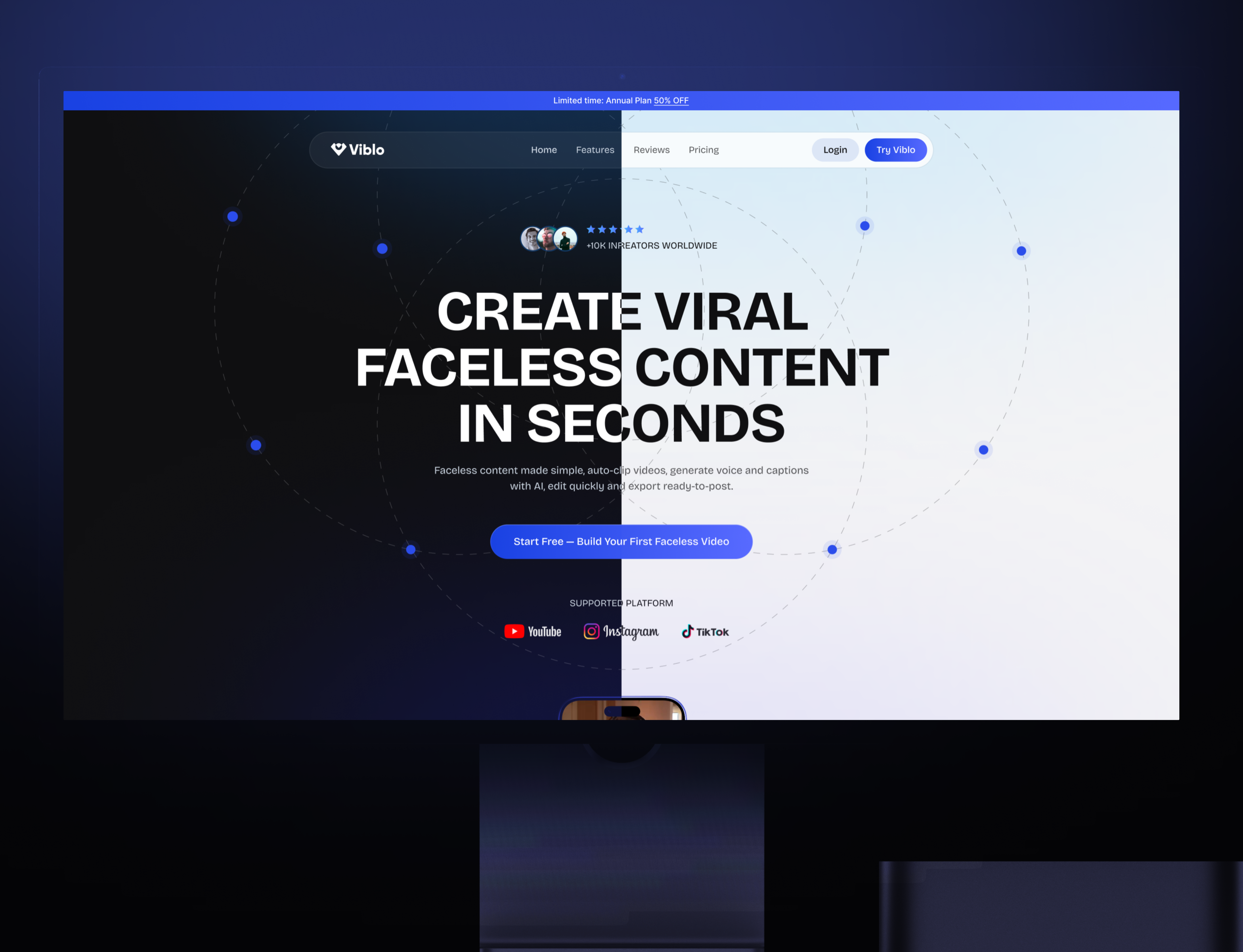 Viblo Landing Page | Content Creator Platform ai social media content creator dark mode landing page light mode