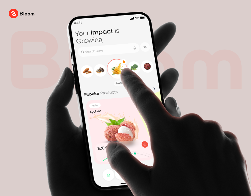 Bloom — AI Sustainable Grocery Mobile App | AI eCommerce Shop app design artificial intelligence cart e commerce ecommerce grocery app mobile app mobile ui online store product design shop shopping app store sustainability ui ui design ux ux design
