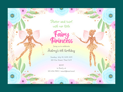 Fairy Princess birthday party invitation 2d background ballerina ballet birthday cartoon character cute enchanted garden fairy floral flower frame girl glittering illustration invitation pixie vector