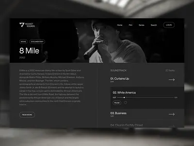 Rocket Sounds - Movie soundtrack finder platform card dark design desktop figma movie music platform player product rap soundtrack stream ui uiux ux