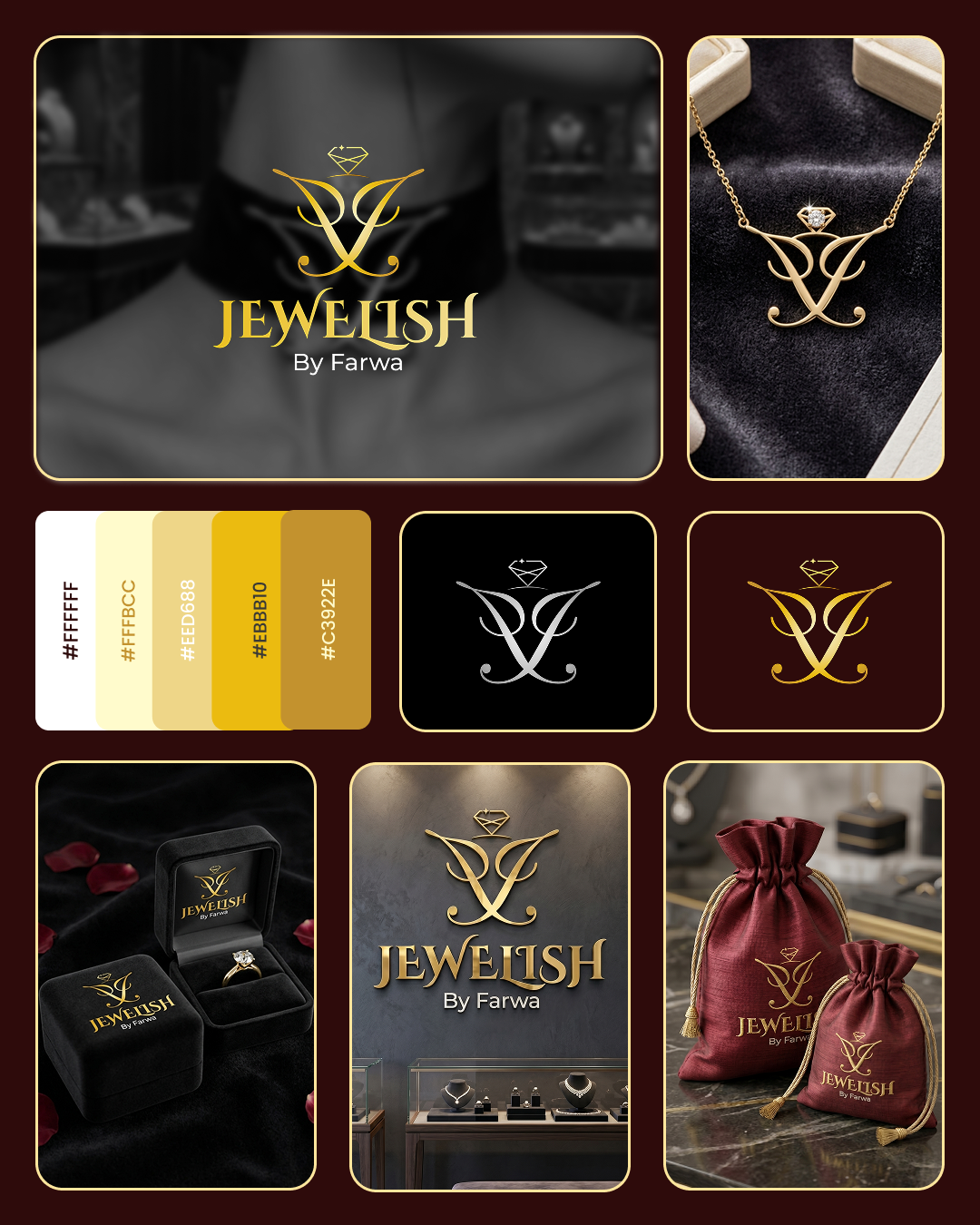 Jewelish by Farwa Jewelry Logo and Brand Identity brand guidelines brand identity business card design dark branding elegant logo feminine logo gold logo graphic design jewelry logo logo design logo mockup luxury brand luxury branding luxury logo design monogram logo packaging design product design ui ux design visual identity wordmark logo