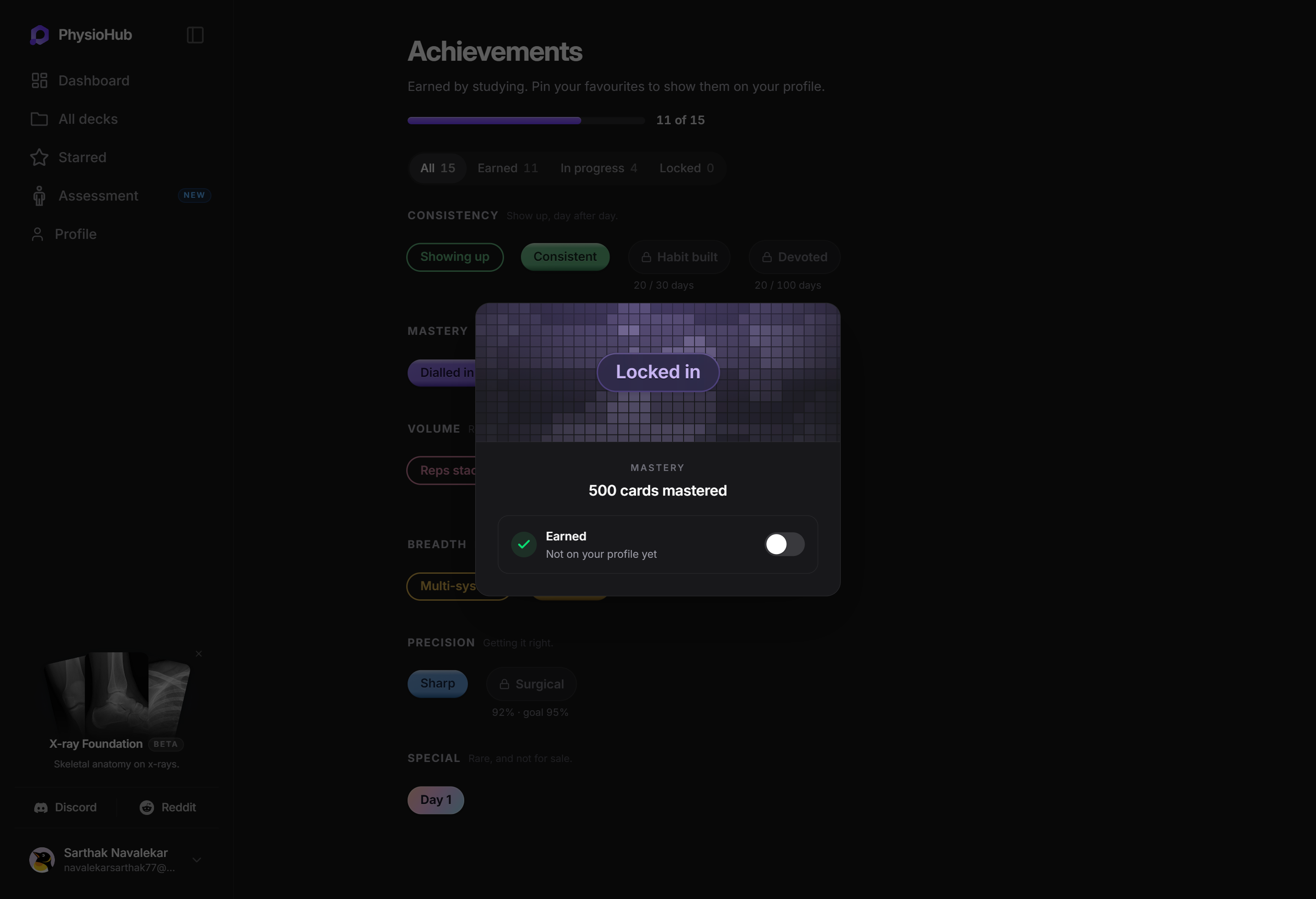 Achievements tab on PhysioHub animation branding motion graphics ui