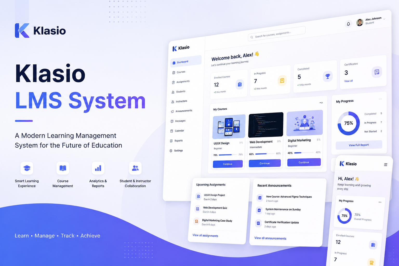 Klasio LMS System – Modern Learning Management Dashboard course management edtech ui education platform learning management system lms design