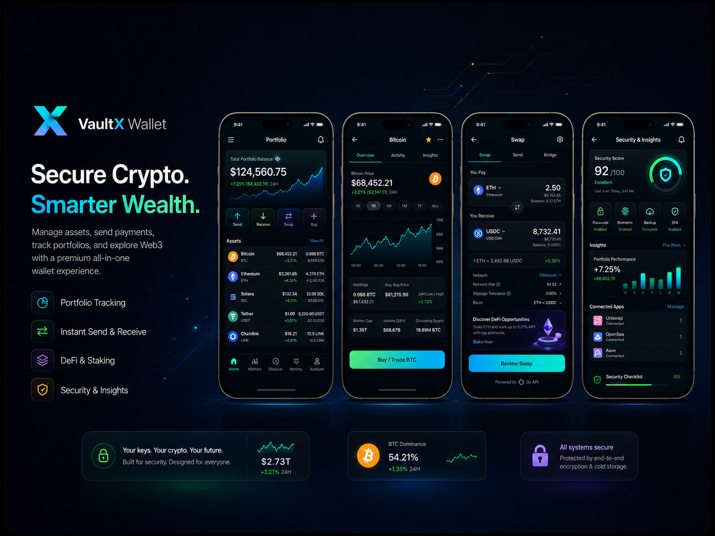 VaultX Wallet — Premium Crypto Management App app design blockchain crypto app crypto wallet dark ui dashboard ui defi dribbble finance app fintech app mobile app design mobile ui portfolio tracking product design swap app ui design ux design wallet app web3 web3 wallet