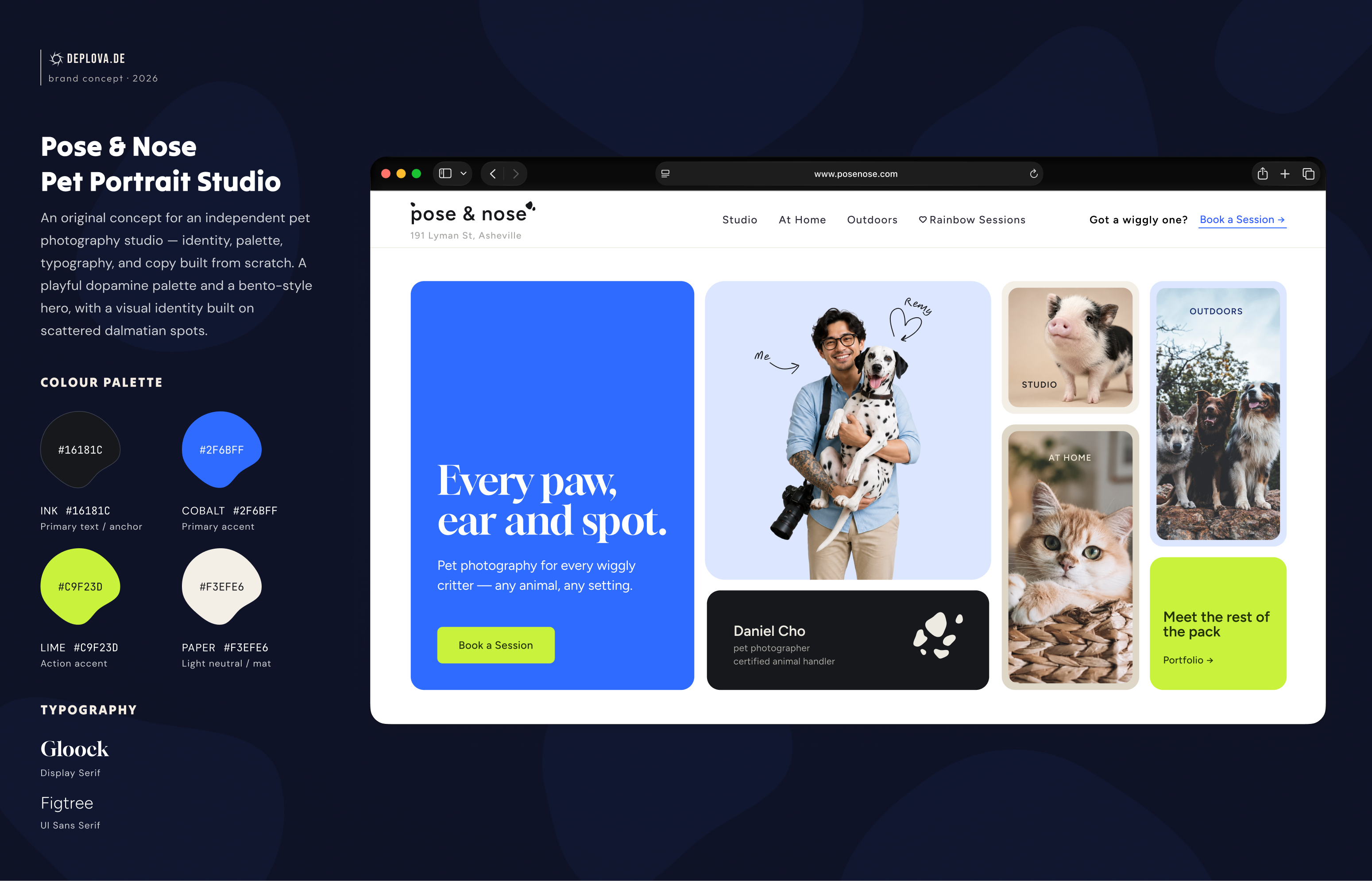 Pose & Nose — a brand identity and landing page concept for an i bentolayout branding dopaminepalette landingpagedesign petphotography visualidentity webdesign webflow