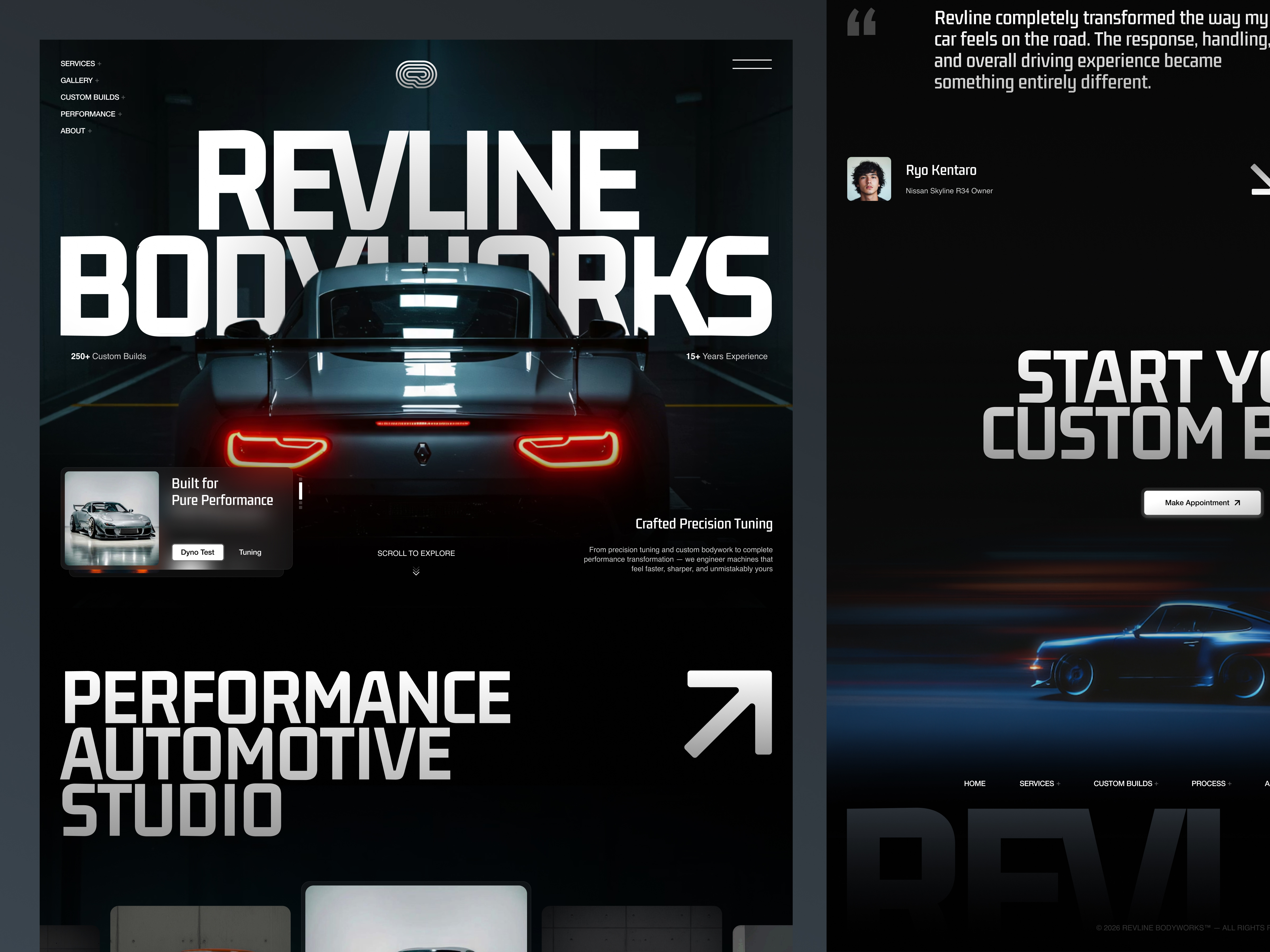 Revline Bodyworks — Automotive Landing Page aesthetic automotive bold car car culture car website company profile dark ui editorial garage landingpage modern performance product design showcase website ui uidesign