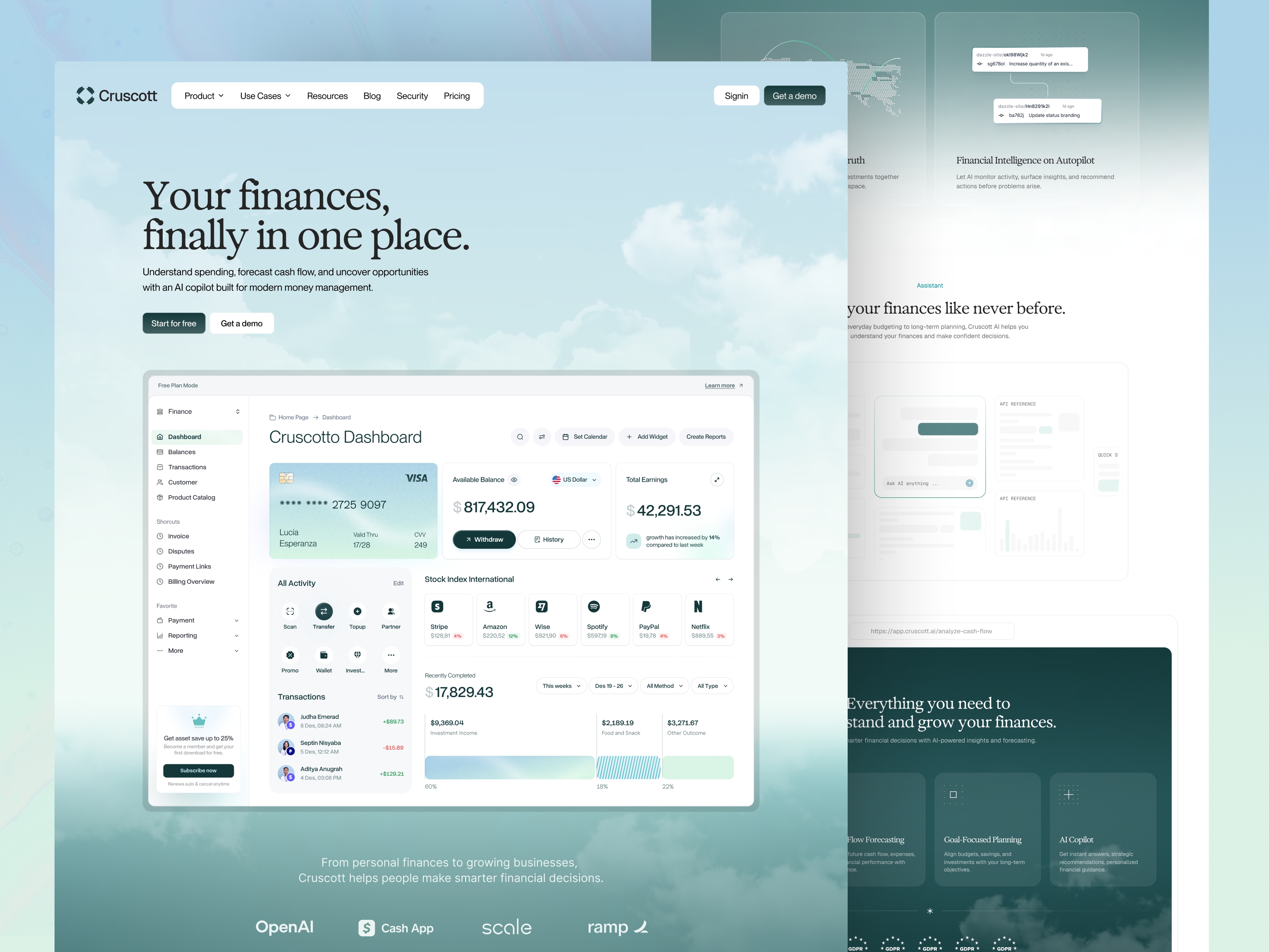 Cruscott - AI Finance Landing Page ai apps bank apps brand design branding clean dashboard design finance fintech landing page saas transfer ui uiux ux wallet web web design website