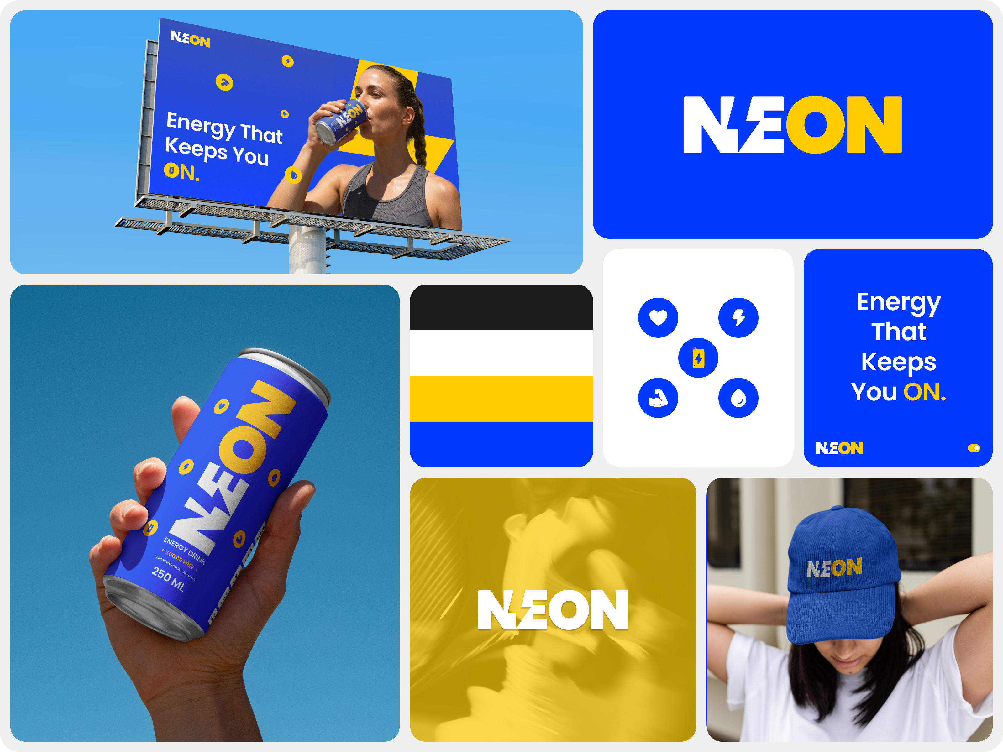 NEON Energy Drink — Branding & Visual Identity beverage design beverage packaging brand design brand guidelines branding branding strategy design drink energy drink fitness graphic design illustration logo mockup modern branding social media social media branding sport visual identity wellness