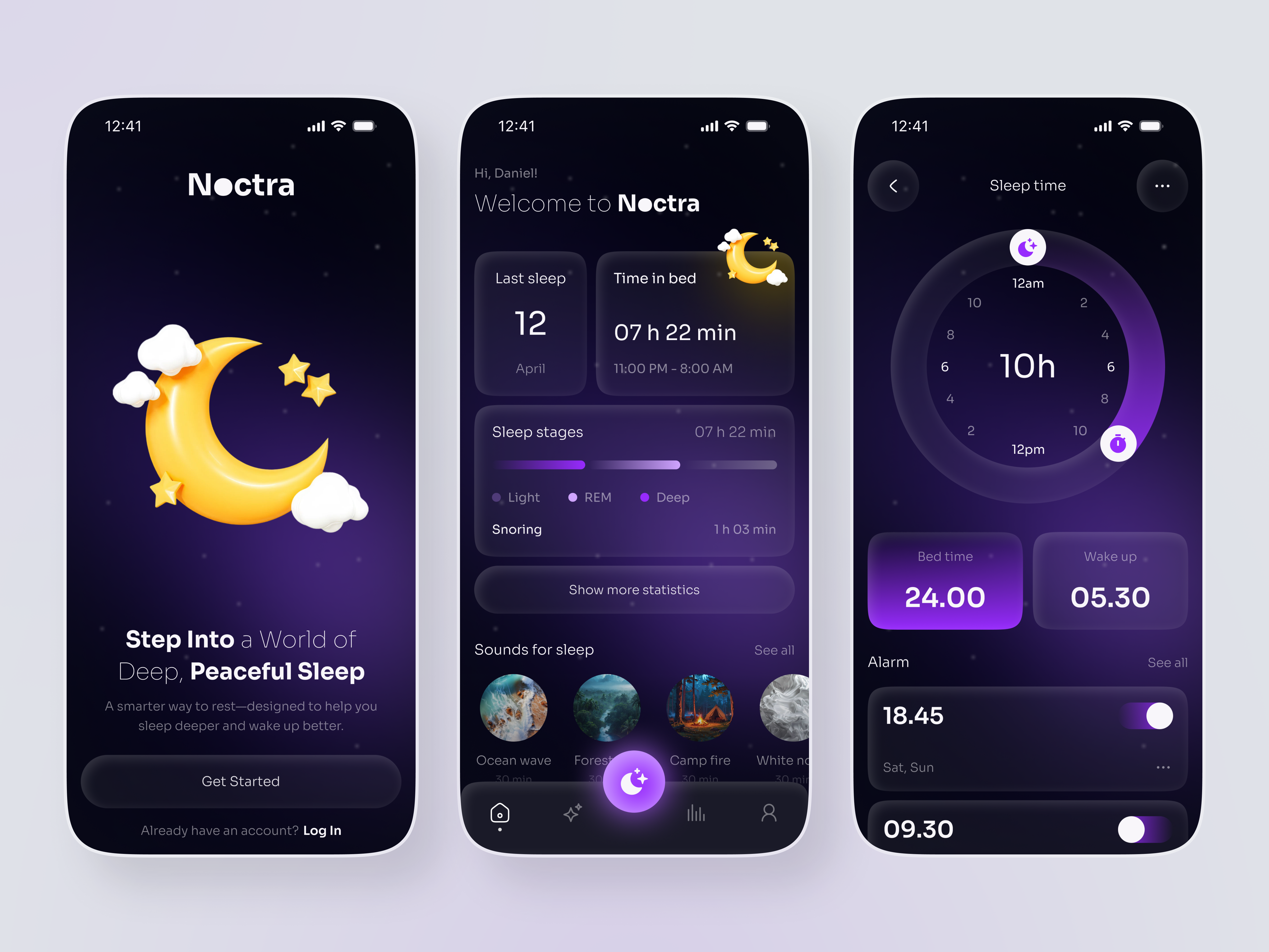 Noctra – The Art of Deep Sleep UI alarm app app app design health tech meditation app mobile mobile app design noctra sleep app sleep tracker ui ux design wellness app