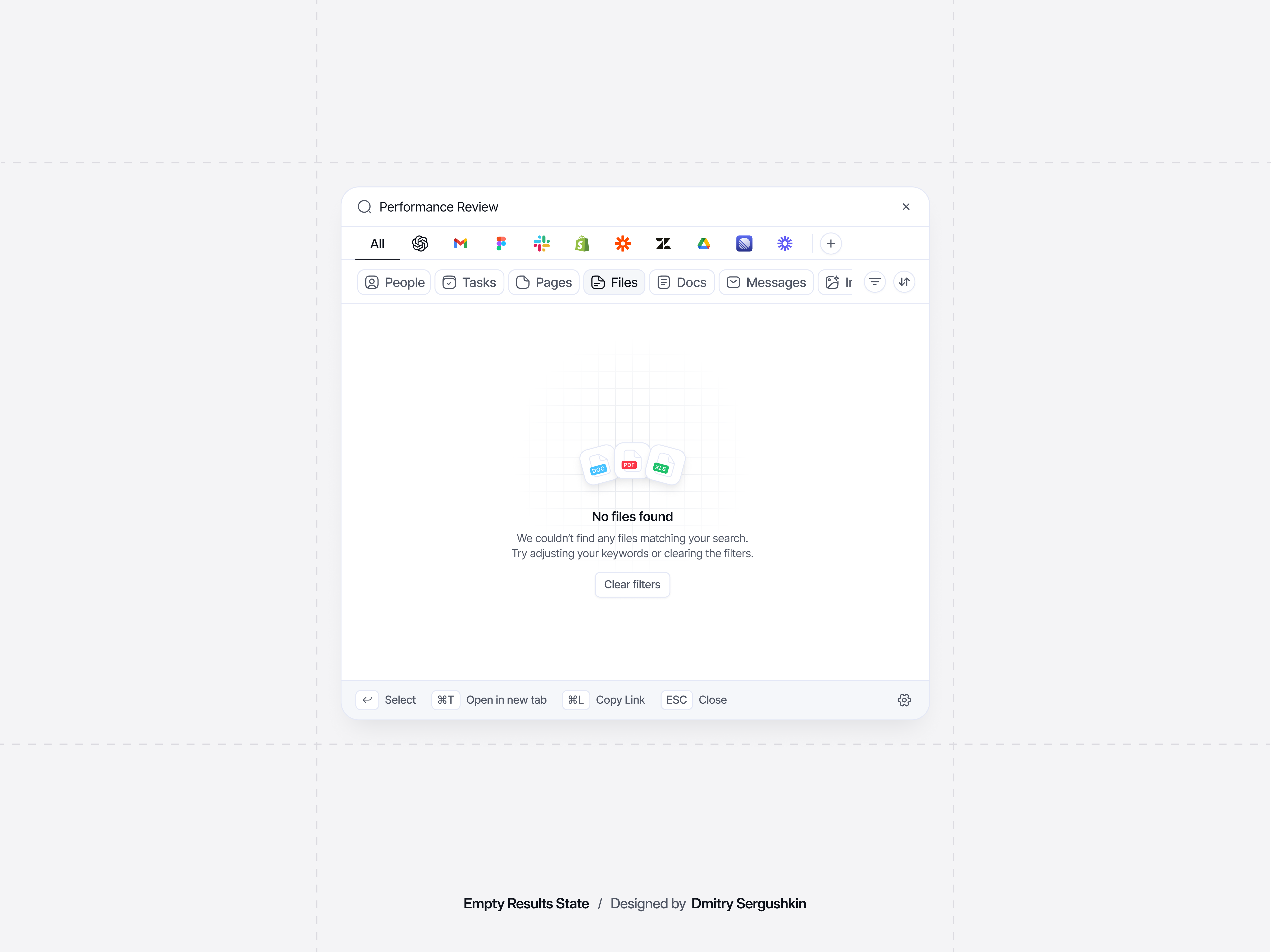 Global Search Empty State / Light mode ai search interface command center ui command palette connected apps cross platform search design system empty state design enterprise search enterprise ux knowledge management productivity software saas dashboard search search experience universal search workspace search