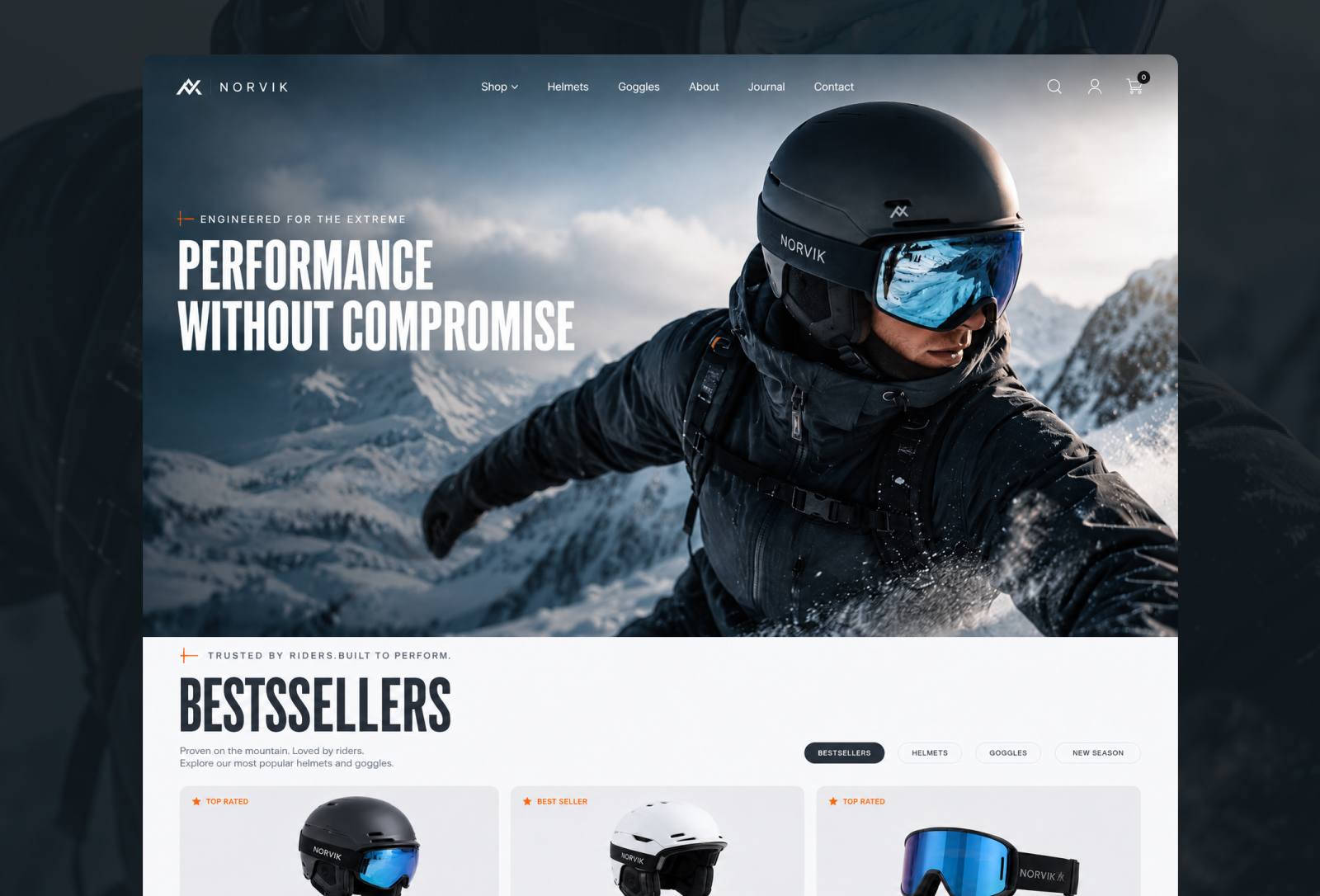 Hi-Performance Snow Helmet and Goggles 3d branding e commerce ecommerce extreme sport graphic design helmet shop snow ui uxui design website