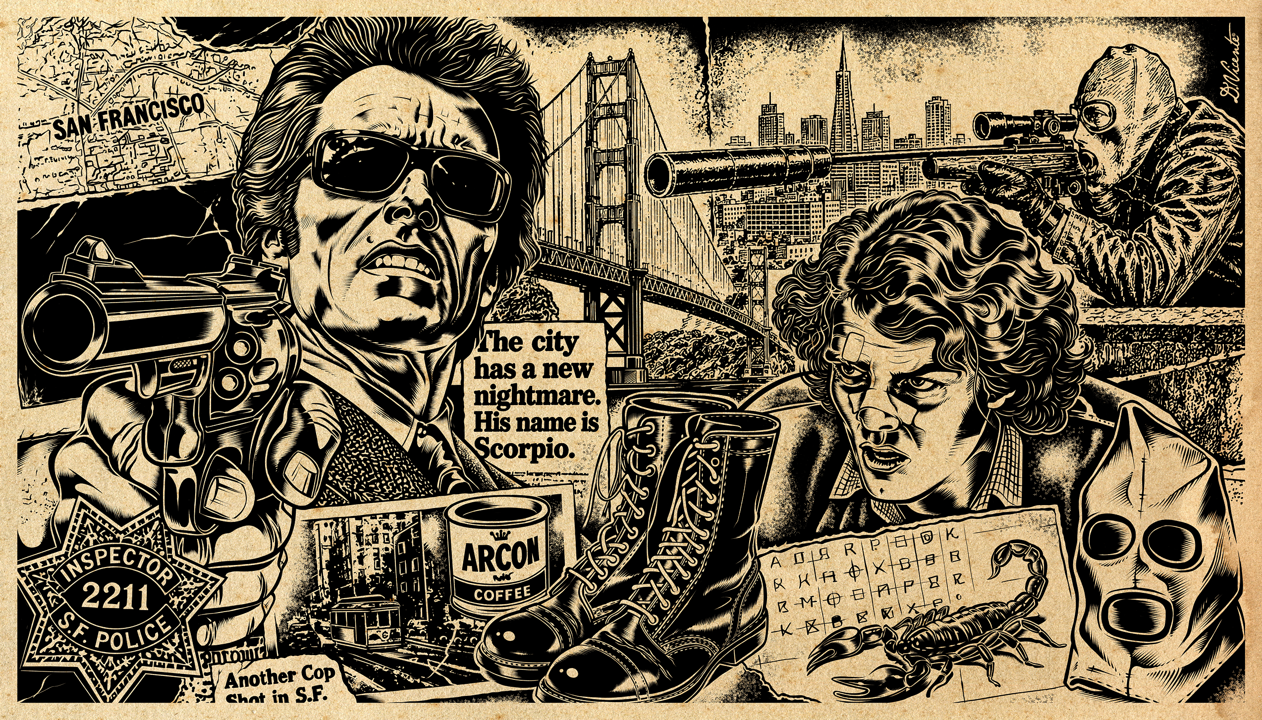 DIRTY HARRY VS SCORPIO black and white art cinema art clint eastwood collage art comics crime thriller cult cinema david vicente dirty harry film tribute illustration ink illustration inspecteur harry movie poster police drama portrait illustration pulp art san francisco scorpio vintage poster