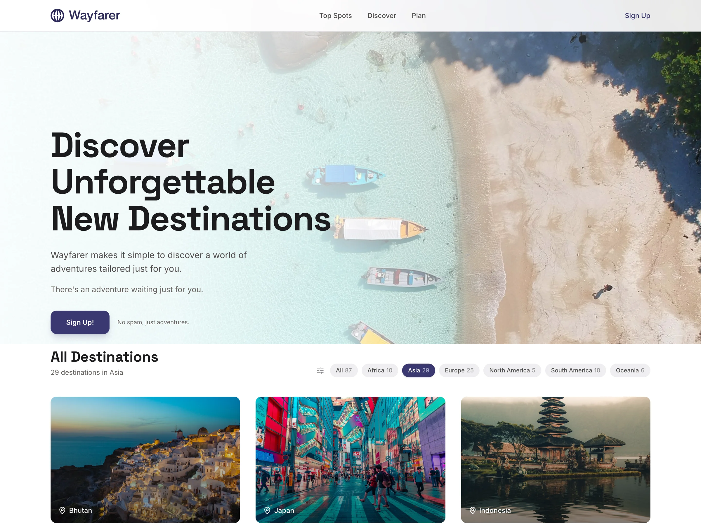 Wayfarer — travel discovery homepage booking editorial interaction design maps product design travel ui ux visual design web design
