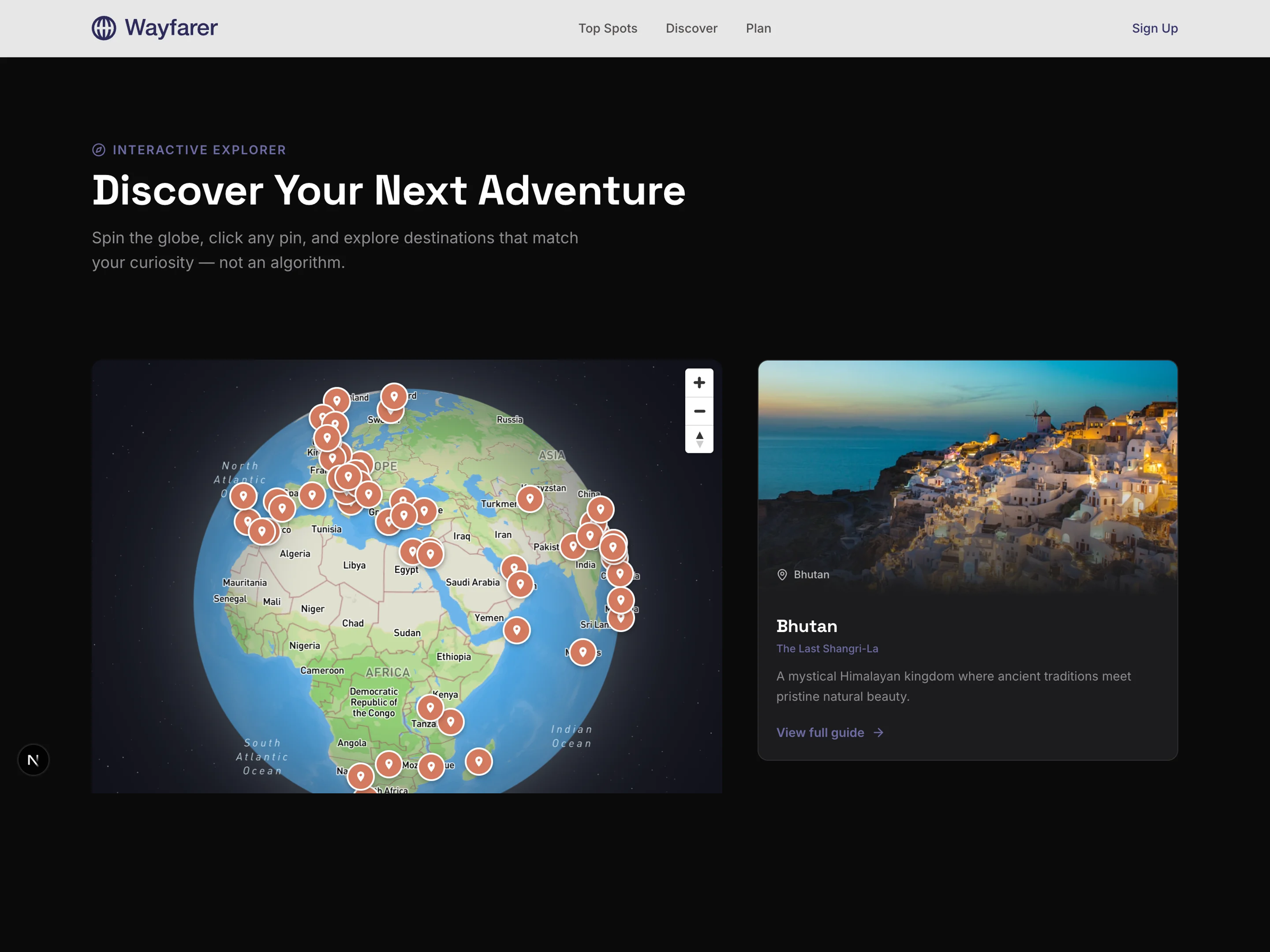 Wayfarer — interactive globe discovery data viz design systems interaction design maps motion travel ui ux visual design web design