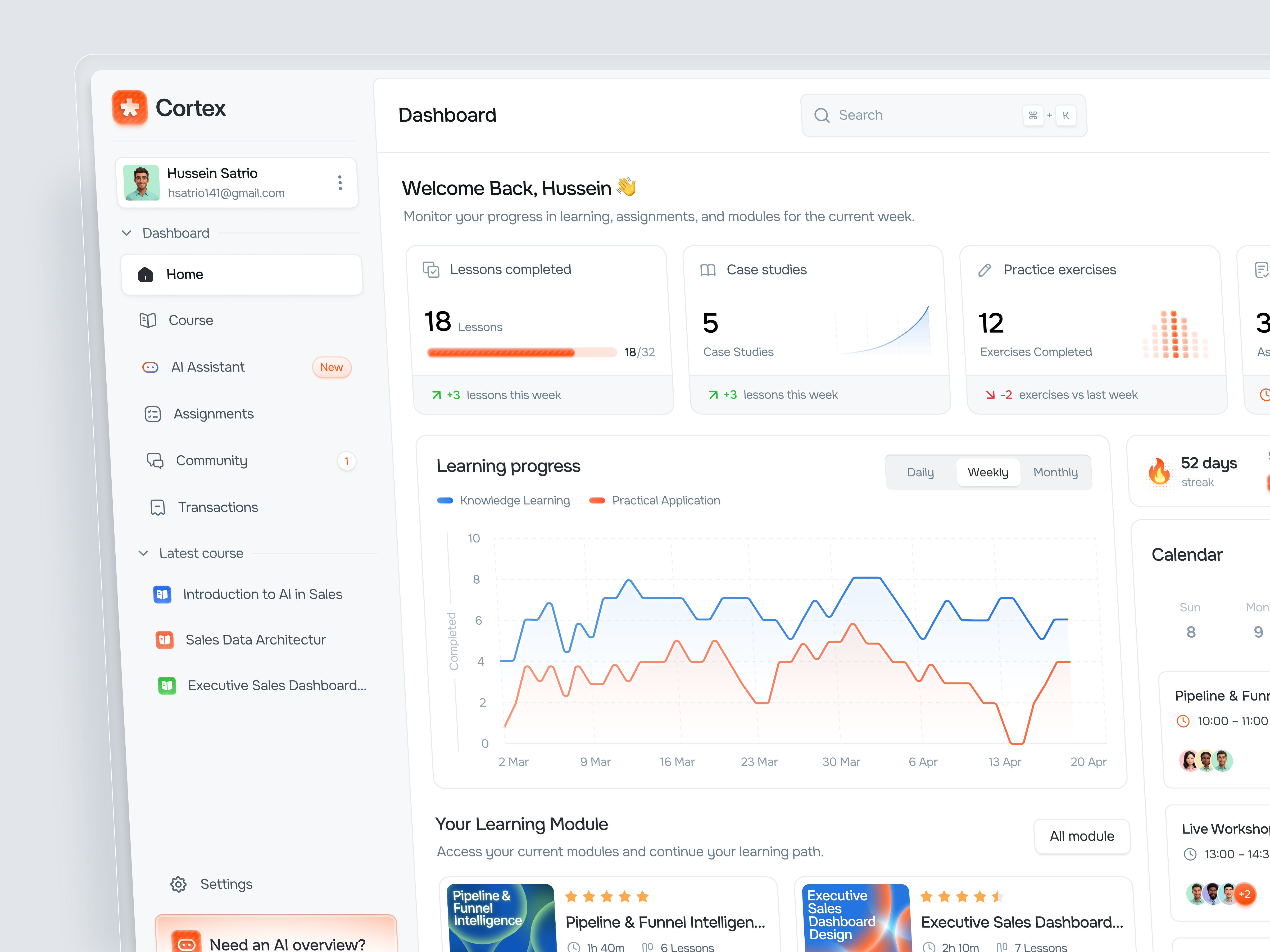 Sales AI Course Dashboard ai ai course ai dashboard chart course dashboard design ecourse education learning minimal modern sales skill statistic study ui ui design ux design website