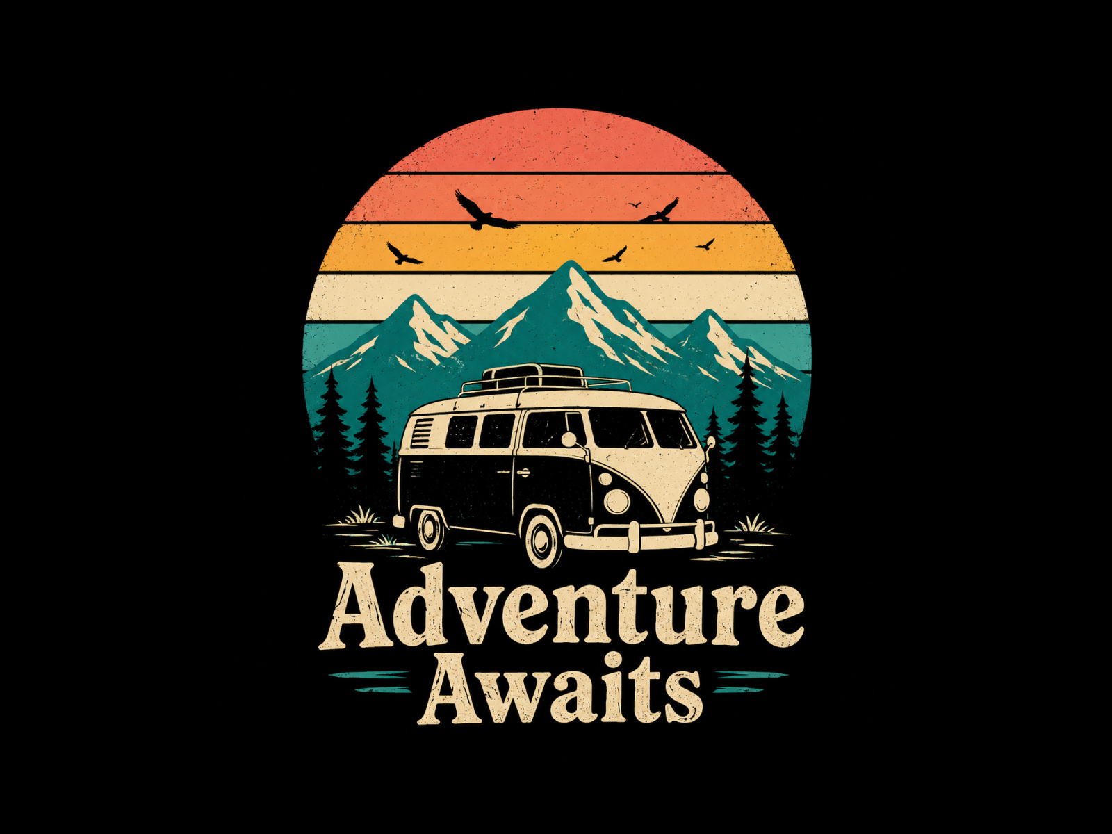 Retro Vanlife Adventure | Vintage Mountain Sunset T-Shirt Design apparel design brand identity camper van camping illustration merch merchandise outdoor adventures print print on demand retro summer vibes sunset t shirt t shirt design typography vanlife vintage vintage typography