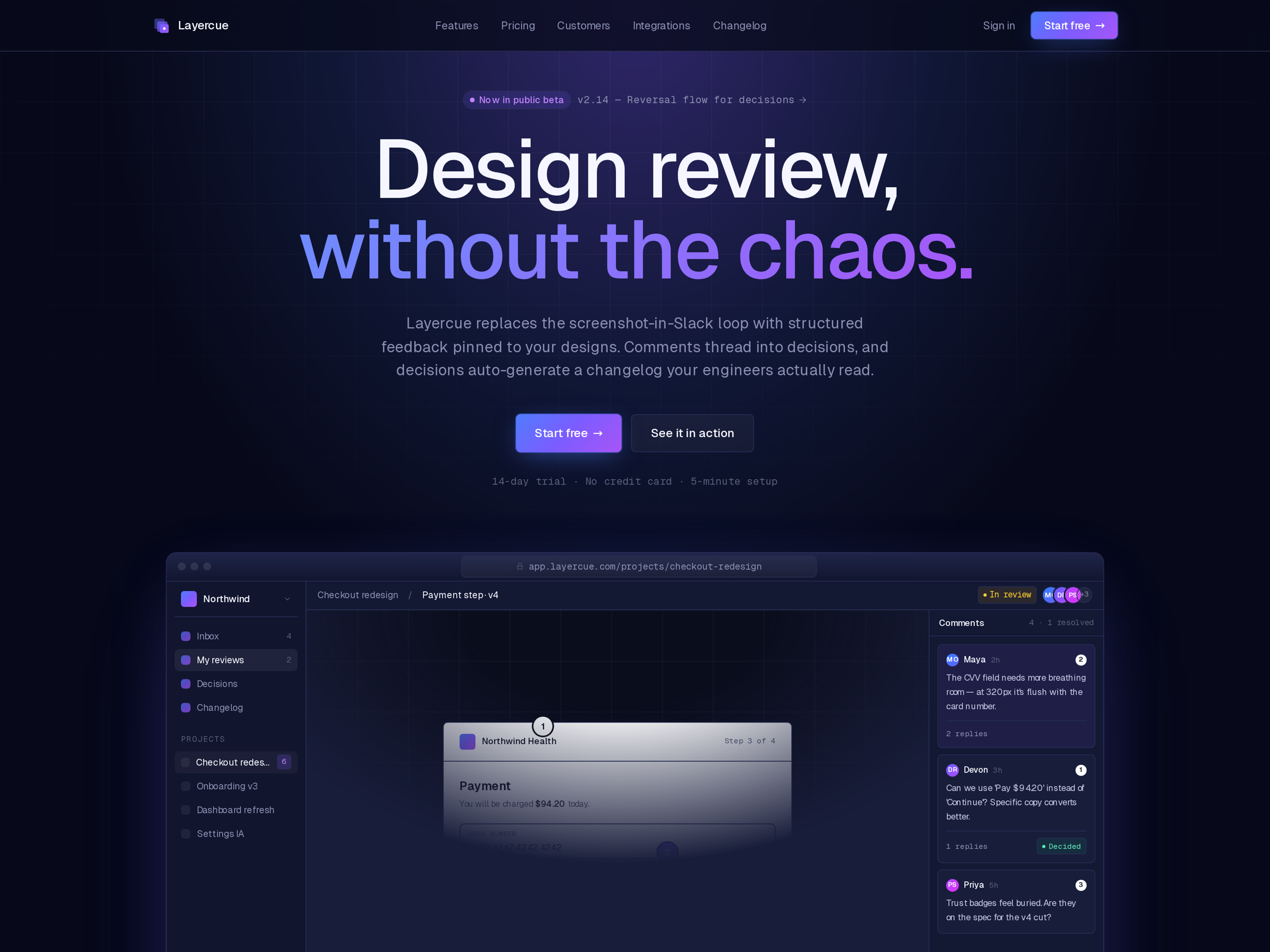 LayerCue — design-review SaaS b2b changelog dark mode dashboard landing page product design saas ui visual design web design