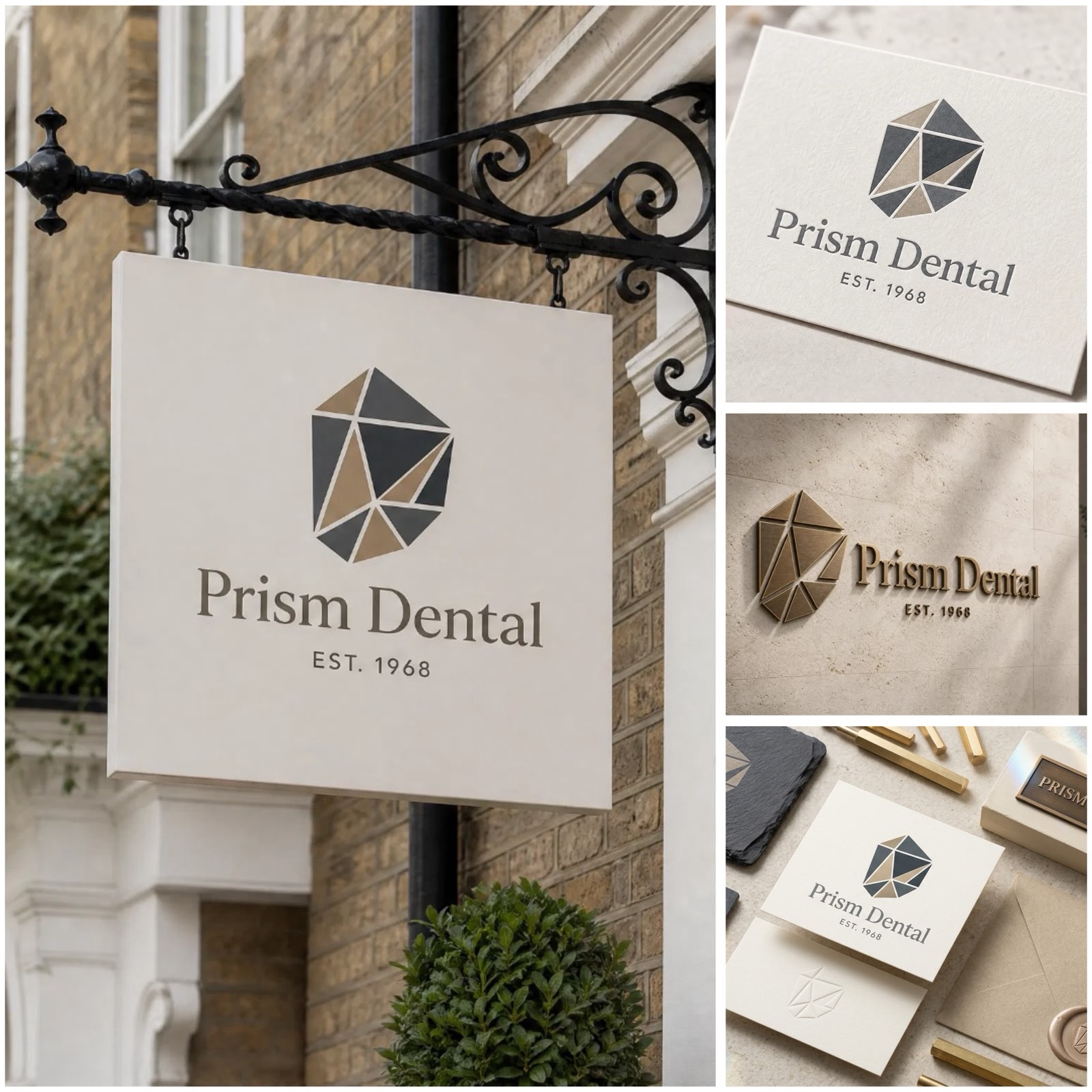 Prism Dental Branding architectural logo brand concept business identity clean typography corporate branding creative design dental brand identity geometric branding graphic design logo design luxury identity minimalist branding minimalist logo modern design premium aesthetic professional branding sophisticated design stationery design swiss design principles visual identity