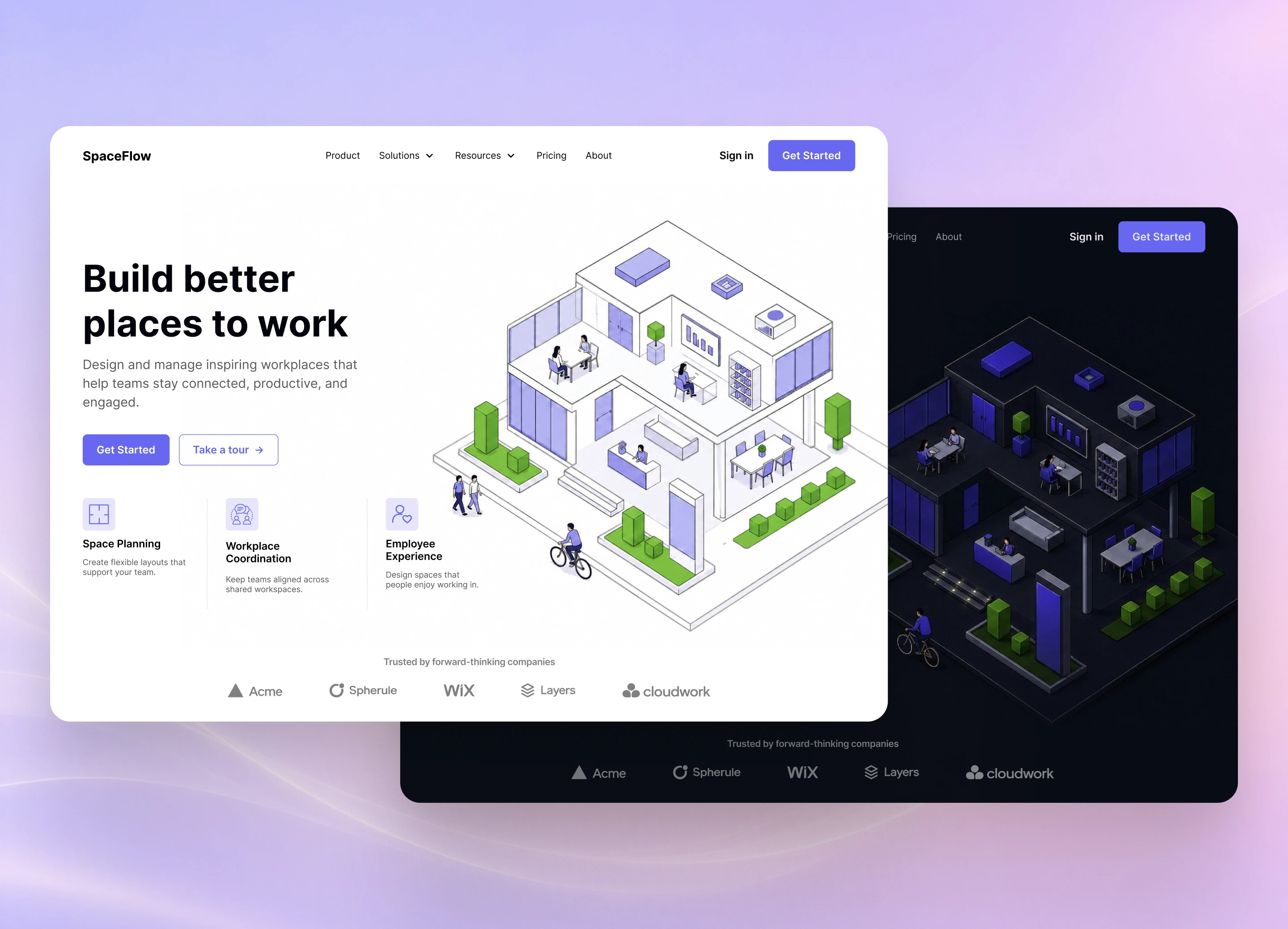 SpaceFlow — Workplace Planning SaaS Landing Page automation branding darkmode hero illustration landing lightmode saas ui webdesign