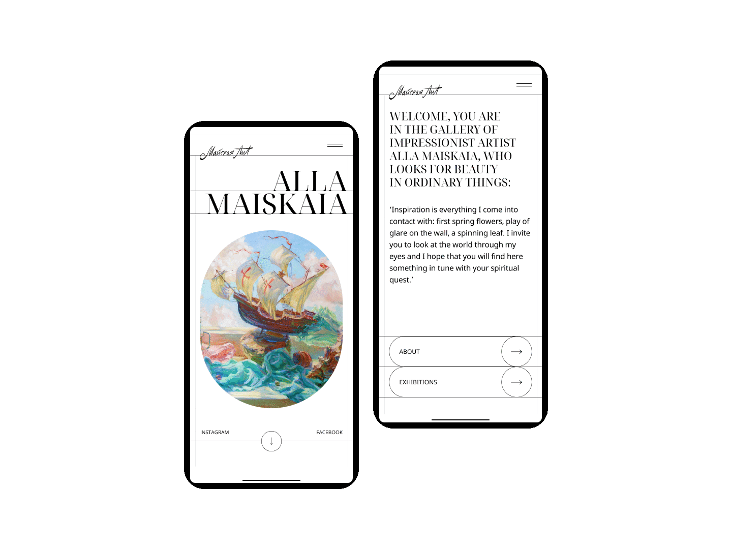 Art Gallery Website | Maiskaia Alla | Mobile Version art artist black and white classic clean concept gallery minimal mobile modern paintings smartphone ui ux webdesign website white