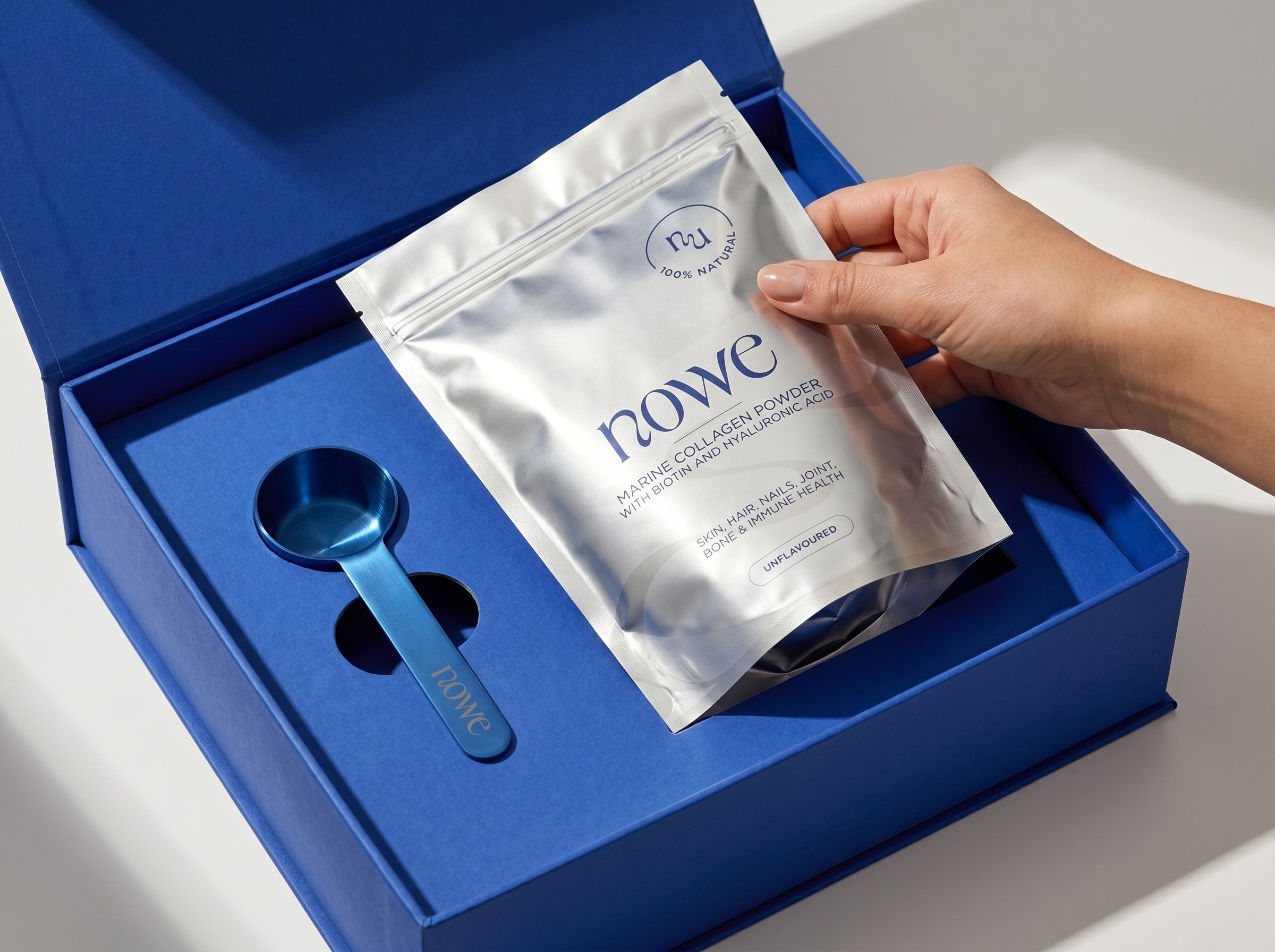 Nowe Collagen Powder beauty bold collagen elegant gummies luxury metalic minimal package packaging pouch pouchpackage silver vitamin