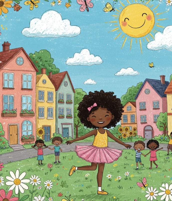 Sunshine and Twirls character design childrens book illustration community park cute neighborhood dancing girl digital drawing diverse characters editorial illustration happy kids kidlitart picture book pink tutu playful design publishing storybook sunny day textured art vibrant colors