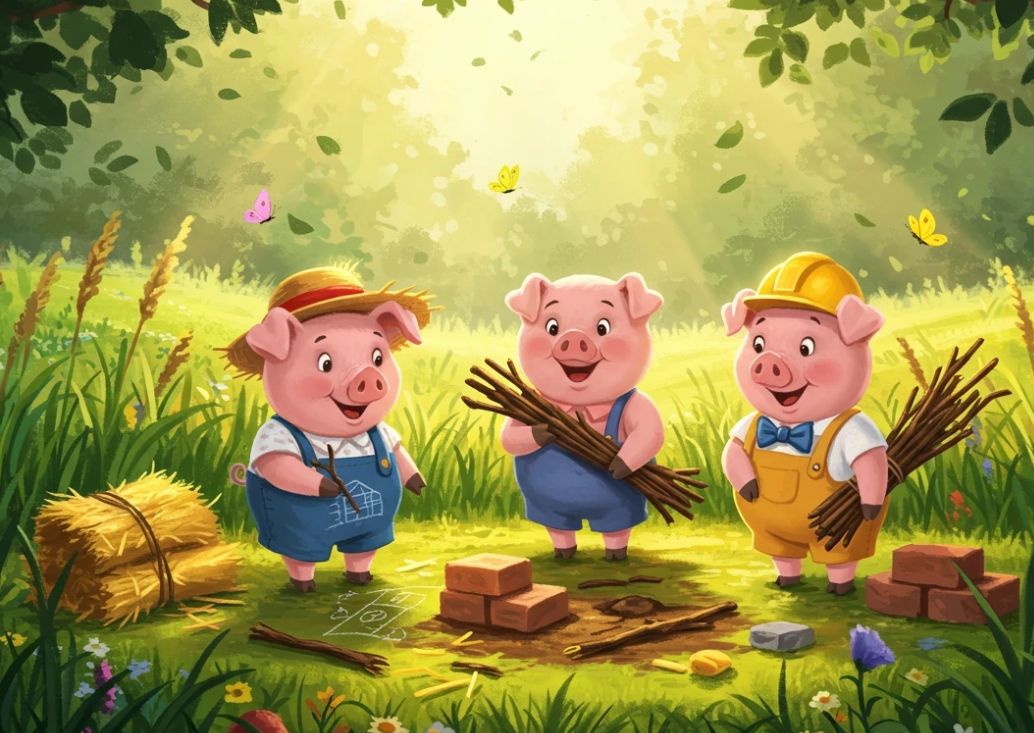 The Three Little Pigs animal characters character design childrens book illustration classic story cute animals digital painting editorial illustration fairy tale art fantasy illustration kidlitart magical forest picture book publishing storybook sunny landscape three little pigs vibrant colors whimsical art
