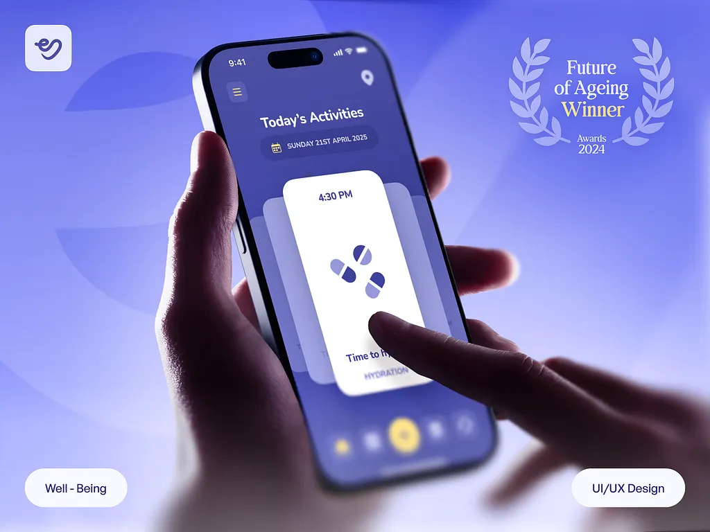 Eldercare App UI – Wellness, Mood & Medication Reminder Cards