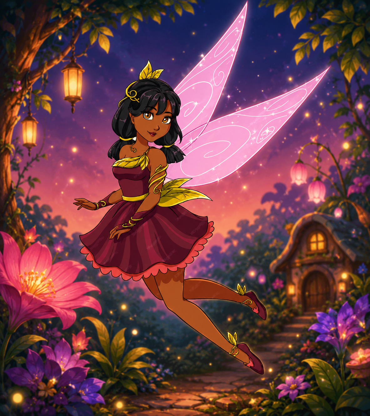 Twilight Magic Enchanted Fairy Garden character design childrens book illustration creative concept art digital painting style enchanted garden scene fairy illustration fairytale illustration fantasy landscape design glowing pink wings kids book artwork magical creature portrait magical forest art picture book artist publishing illustration storytelling graphics twilight lighting art warm sunset glow whimsical character design