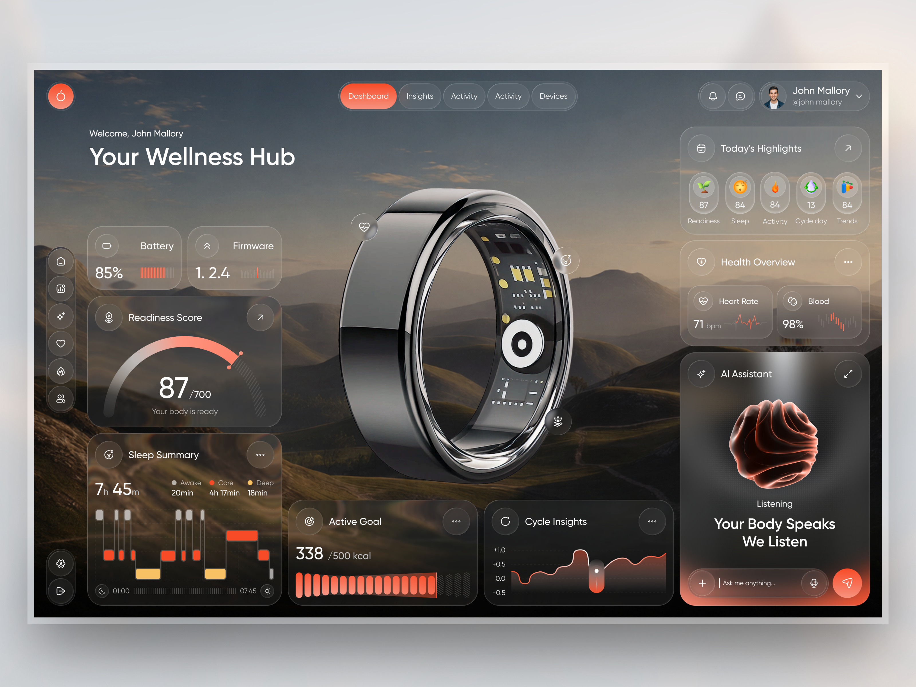 AI Wellness Dashboard UI — Smart Ring Health Tracking Web App