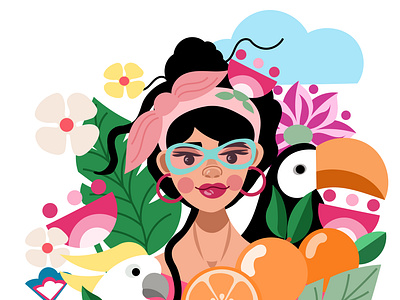 Tropical girl adobe illustrator birds character design female flat design flowers fruit girl illustration illustration art nature oranges parrot peacock toucan tropikal vector illustration