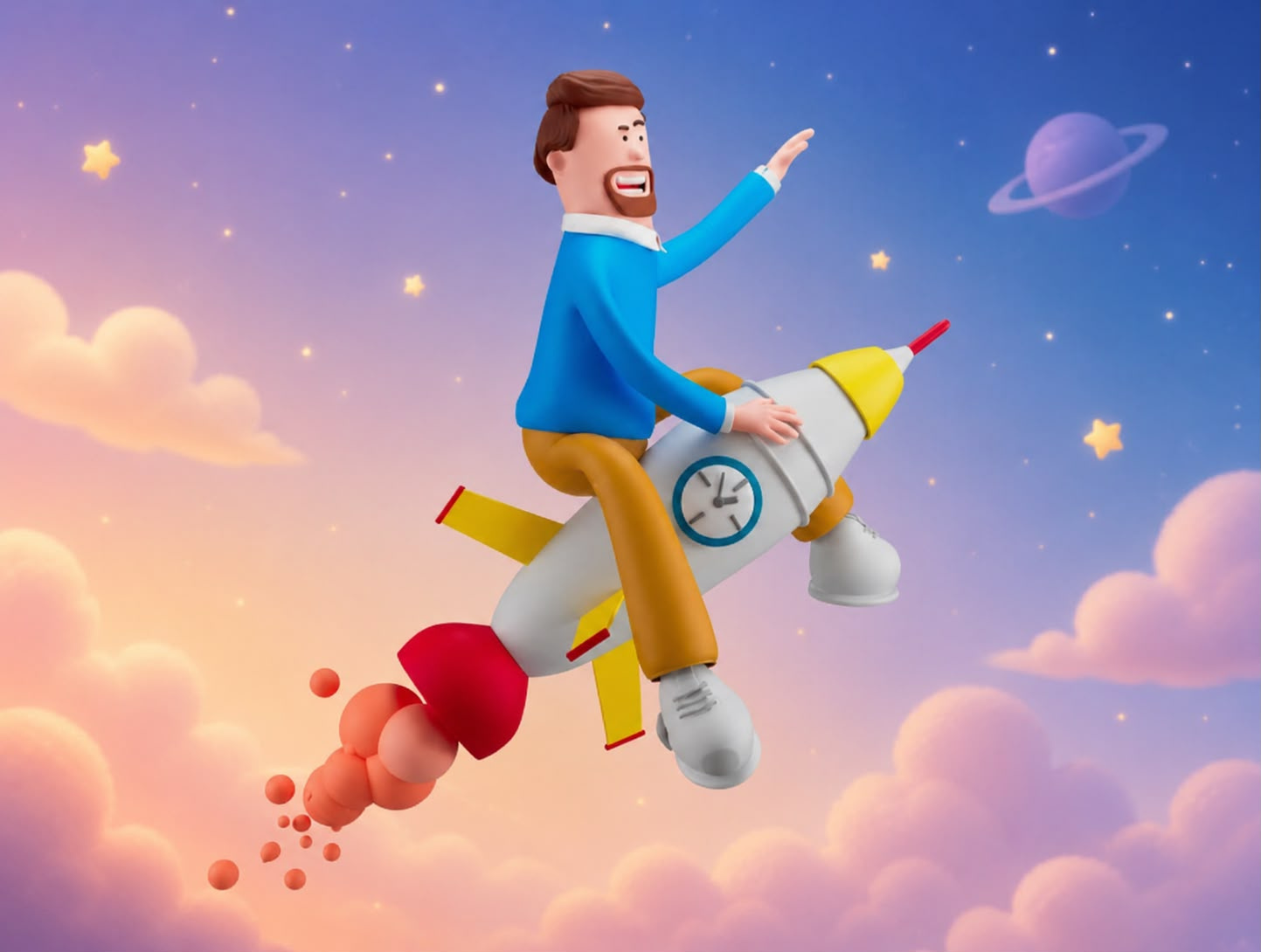 Time Traveler Rocket Adventure 3d character design 3d illustration 3d modeling character art character modeling children illustration childrens book illustration creative journey cute character digital art dreamy sky editorial illustration imaginative illustration kids book art playful design rocket ship space adventure time travel
