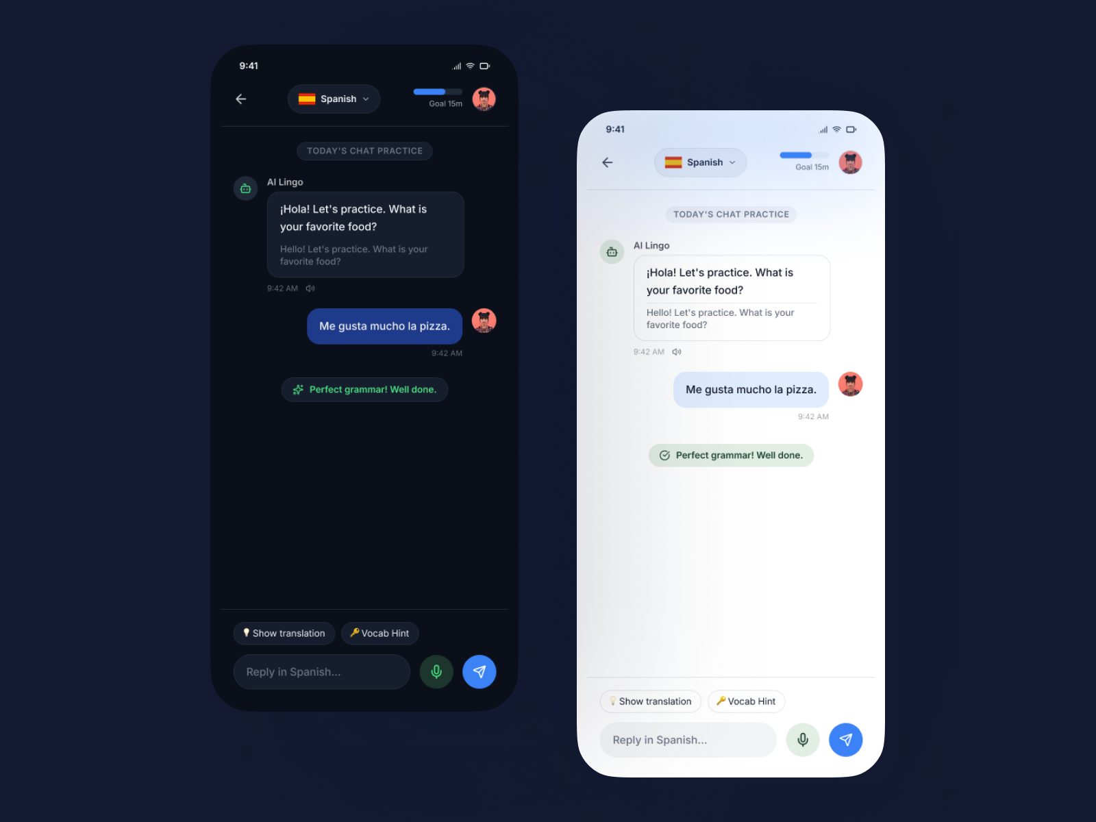 AI Language Learning App — Dark & Light Mode UI Design ai app app design artificial intelligence chat ui dark mode dashboard edtech figma ios app language learning light mode mobile app mobile ui product design ui ui design ui ux uiux user experience ux design