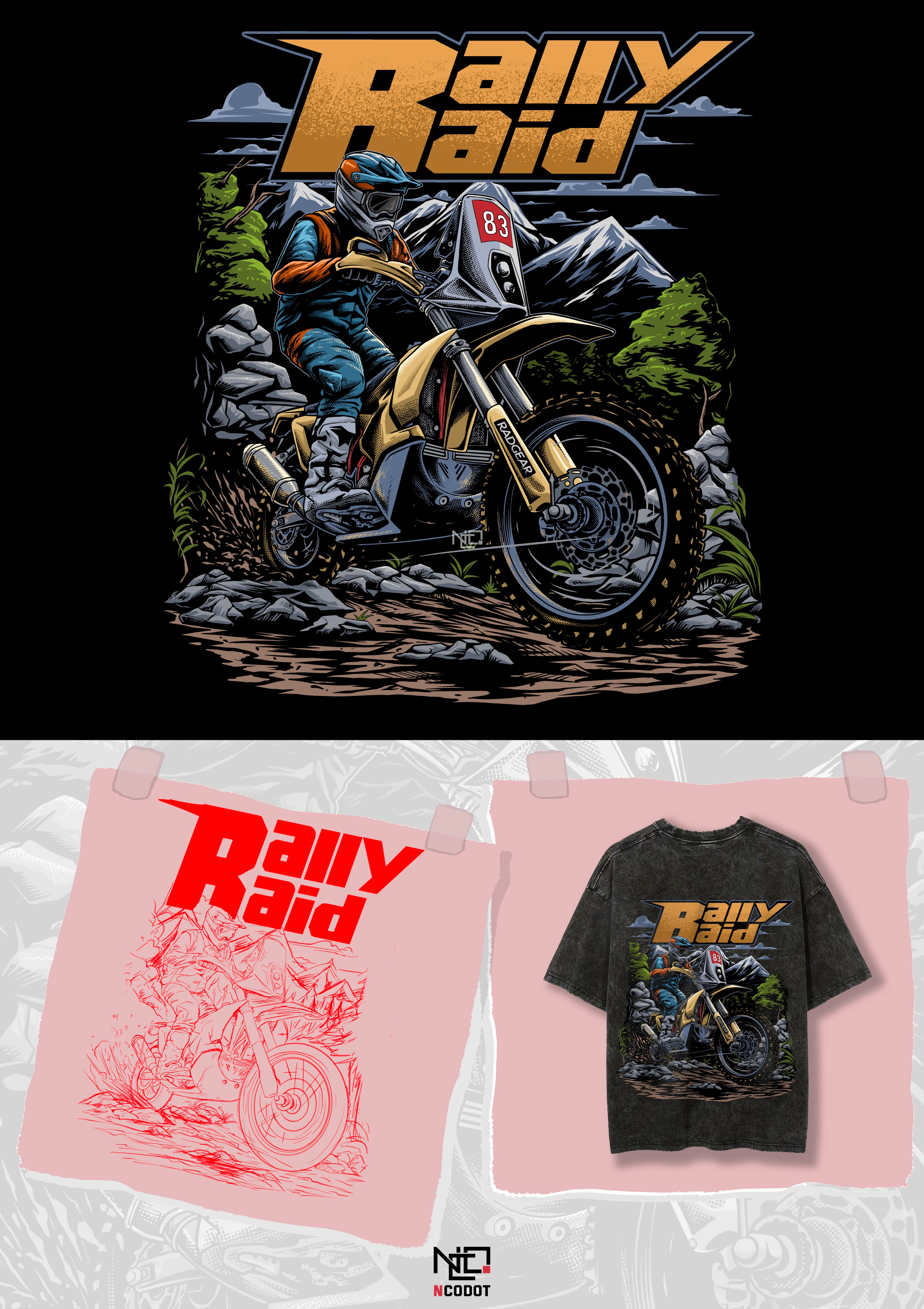 Rally Raid - Custom Enduro Adventure T-Shirt Design for RADGEAR adventure apparel design artwork commision work enduro graphic design illustration merchandise design motocross offroad poster poster design screenprinting trail tshirt design vintage