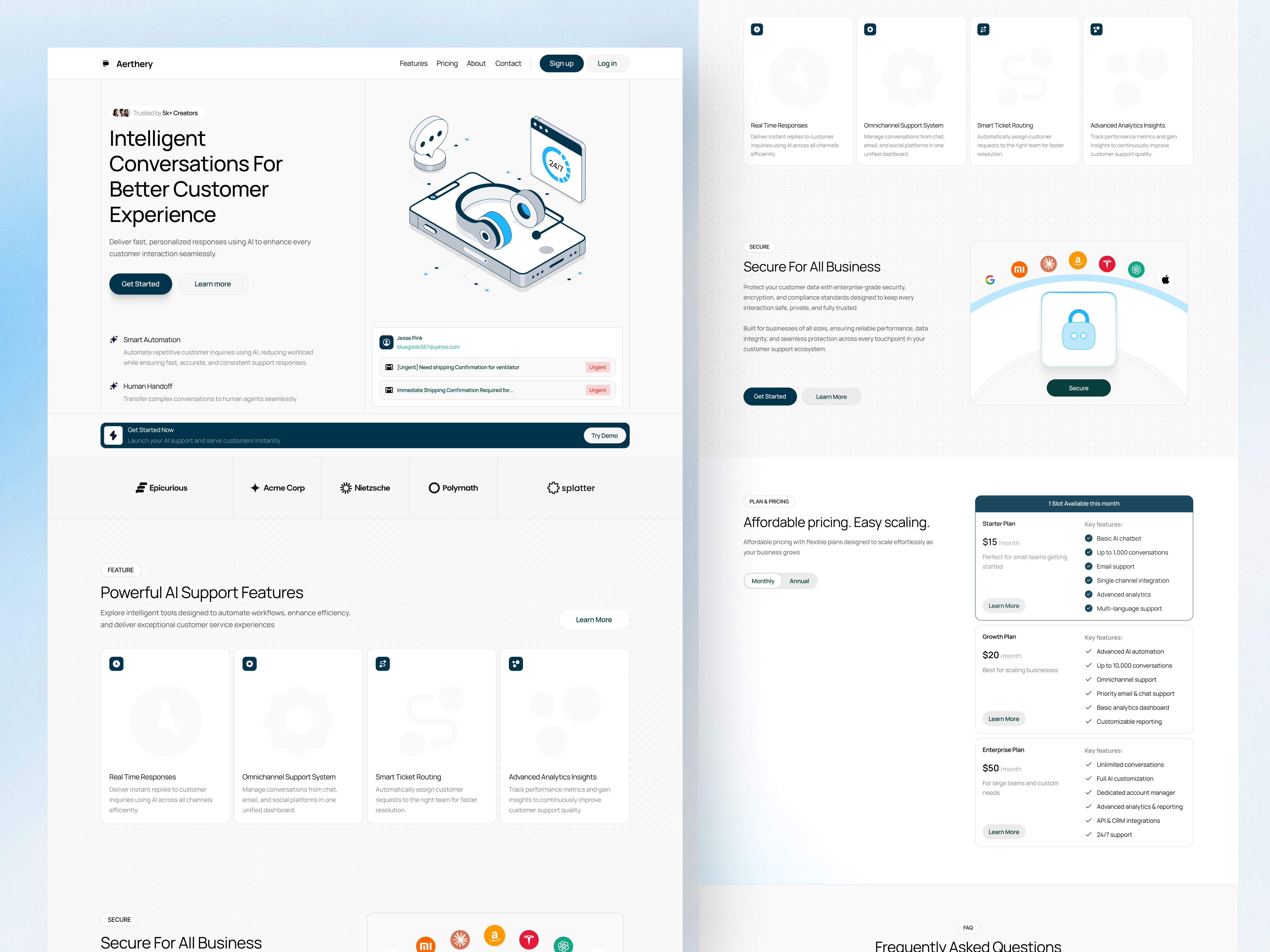 Aerthery — AI Customer Support Landing Page ai agent ai agent website ai chatbot ai customer service ai customer service website ai customer support ai customer support landing page ai customer support website ai landing page ai saas ai saas landing page ai support ai support landing page ai tool saas ai saas design saas landing page saas website web design