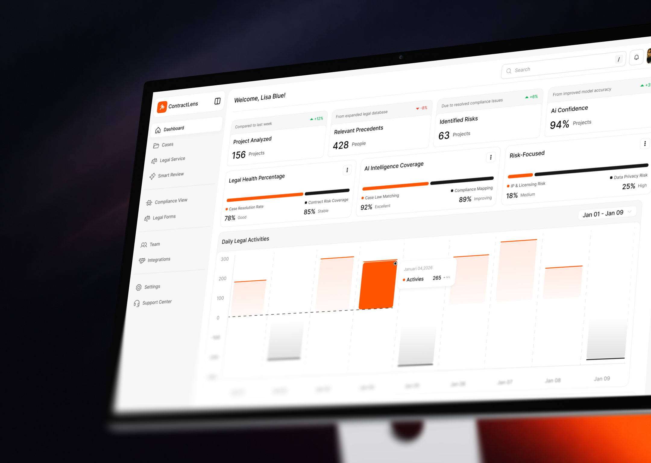 SaaS Dashboard UI Design Legal Service - ContractLens admin analytics b2b chart clean dashboard dashboard saas design graph legal dashboard product design saas saas dashboard stats