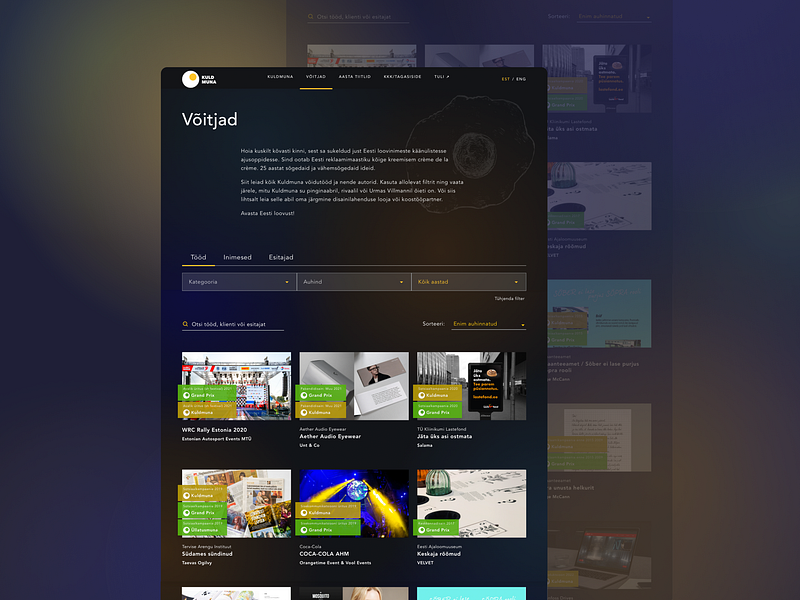 Kuldmuna Arhiiv Webpage archive awards design estoniandesign minimal nopecreative responsive ui ux uxui web webdesign