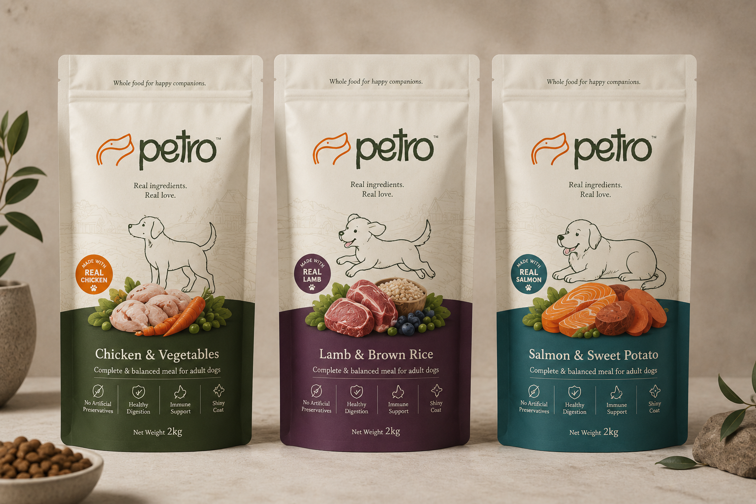 Petro | Pet Food Brand Packaging Design brand identity branding creative direction fmcg branding food branding illustration label design logo archive logo design logo design 2026 logo mark modern packaging multi variant packaging natural brand packaging design packaging system pet brand pet food packaging product packaging visual identity