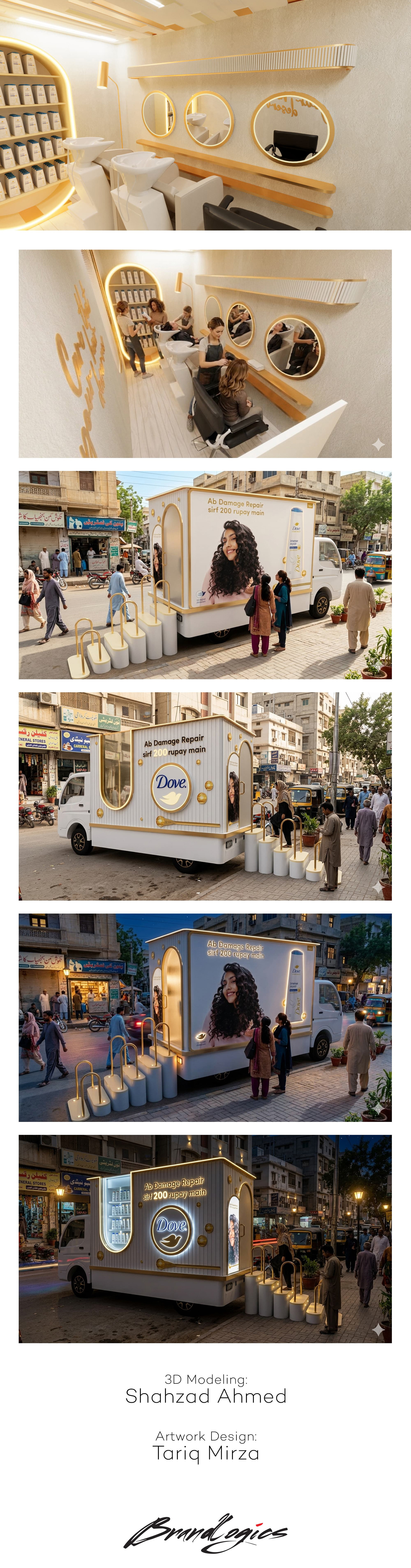 DOVE - FLOAT 3d beauty branding cinema 4d design fashion float truck graphic design hair saloon hairdresser illustration logo model motion graphics render visual identity woman