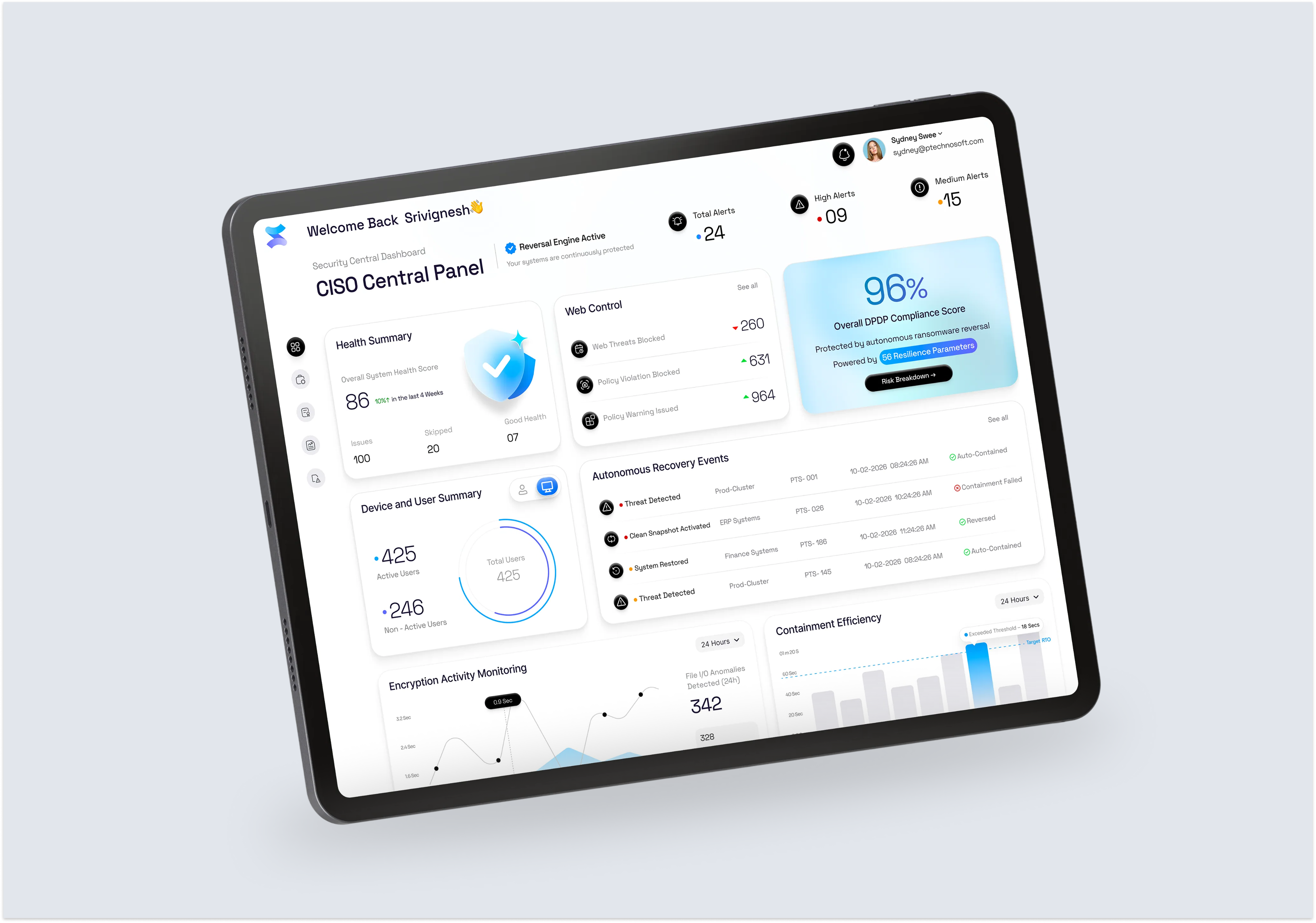 Resivio — Rewind · Recovery Without Negotiation corporate cyberresilience cybersecurity dashboard enterprise mockup productdesign saas ui uidesign ux design webdesign