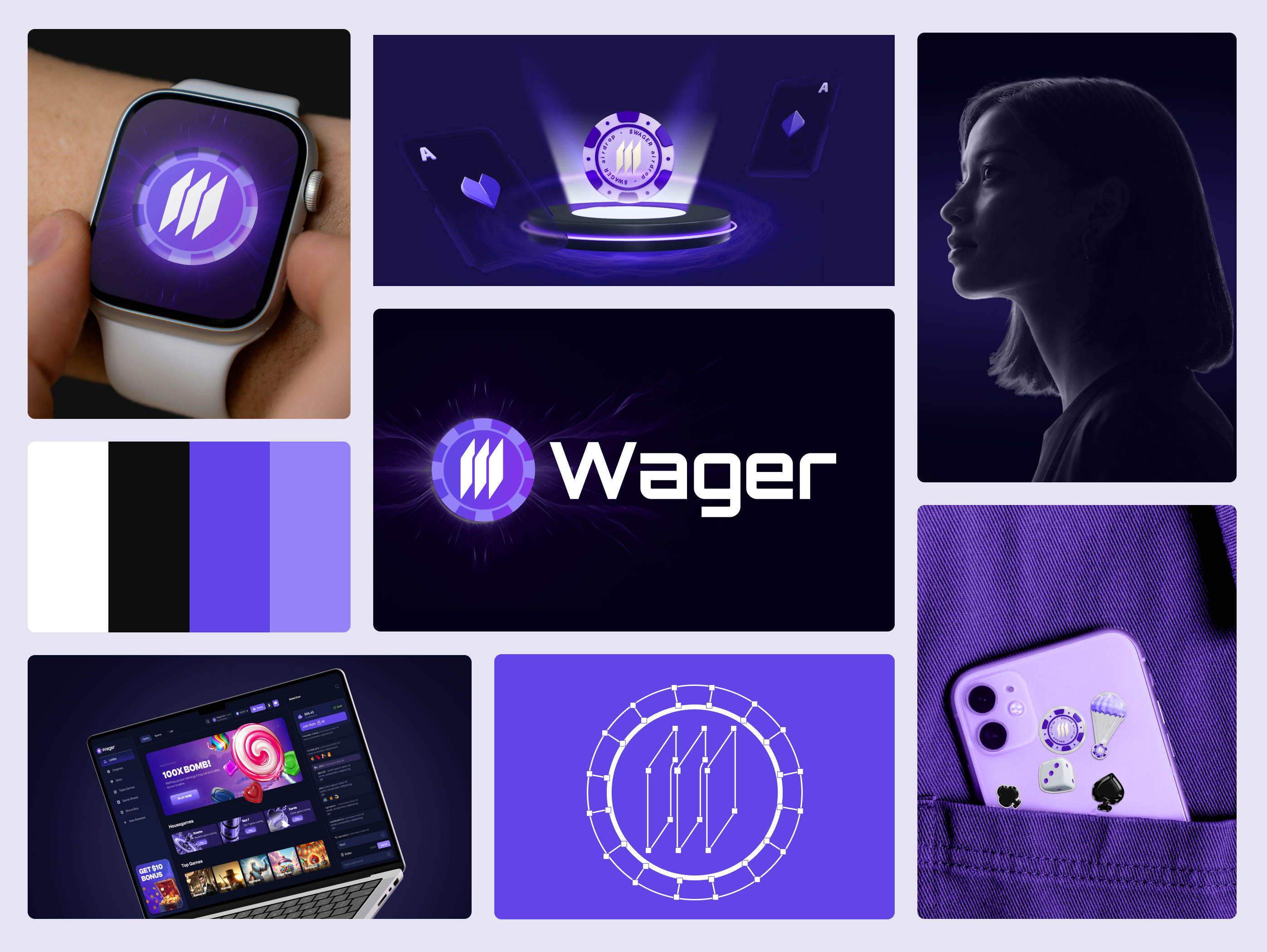 Crypto Betting Brand Identity — Wager bettingapp brandguidelines brandidentity branding brandsystem casinobranding casinodesign corporateidentity cryptobranding gamblingbranding gaminglogo geometriclogo igaming logodesign logomark modernlogo purplebranding startupbranding visualidentity web3branding