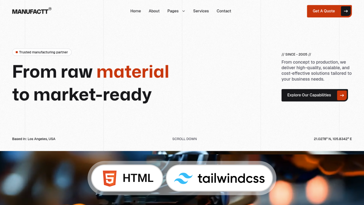 Manufacturing Services Tailwind CSS Template - Manufactt agency engineering engineering portfolio factory industrial agency industrial business industrial corporate industrial figma industrial services industrial startup manufacturing mechanical production tailwindcss